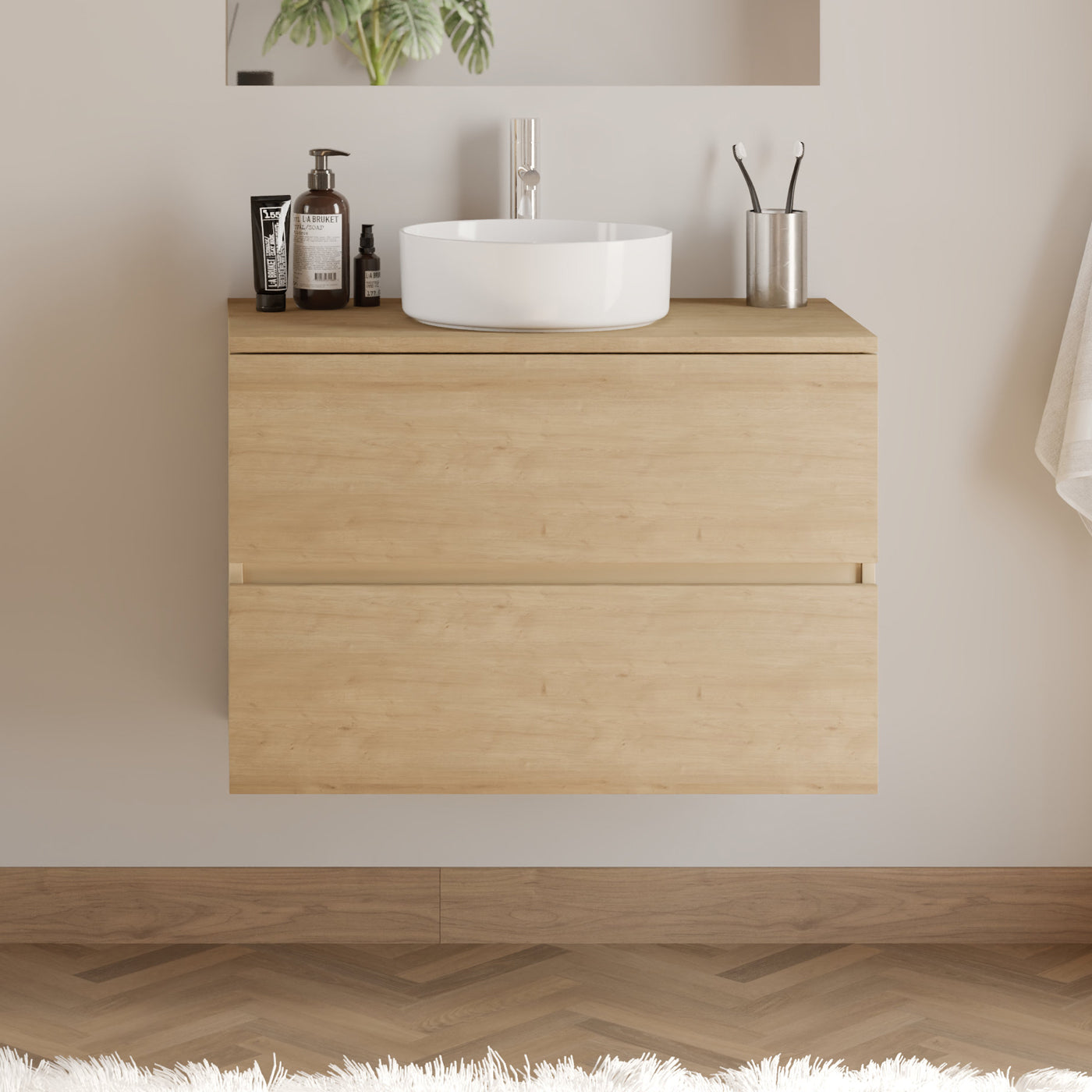 Meuble De Salle De Bain 80cm Avec Plateau Et Vasque À Poser Ronde - 2 Tiroirs - Sans Miroir - Nebraska (chêne Clair) - Ida