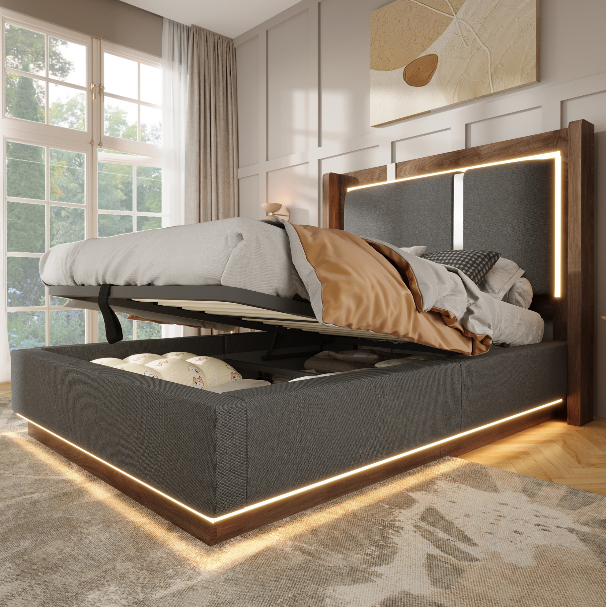 Lit 90x200 Cm Avec Sommier, Led Et Coffre Hydraulique, Tissu Gris Et Bois Noyer, Redom