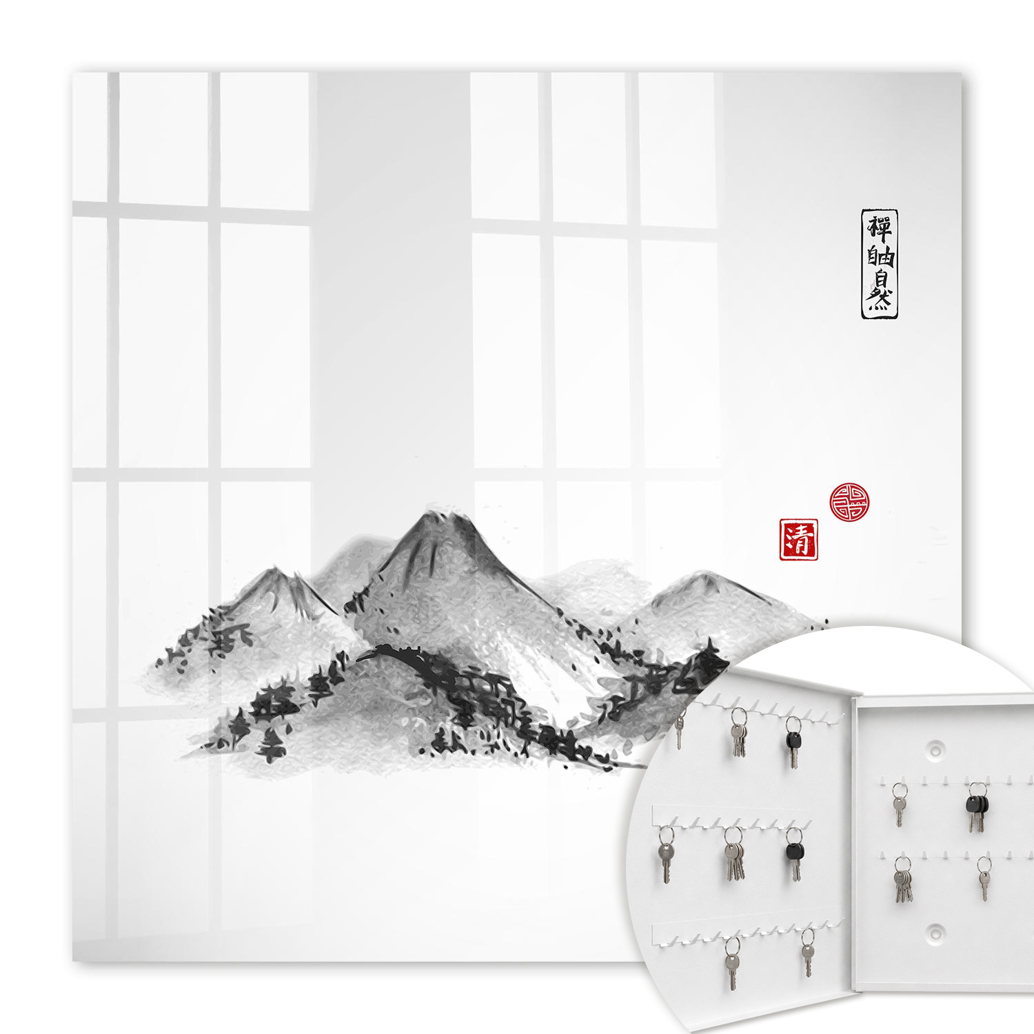 Armoire À Clés - (30 Cm X 30 Cm) - Boîte À Clés Murale - Coffret De Rangement Pour Clés - Couleur Blanche - Ouverture Vers La Gauche - Pour Maison Et Bureau - Montagnes Japonaises