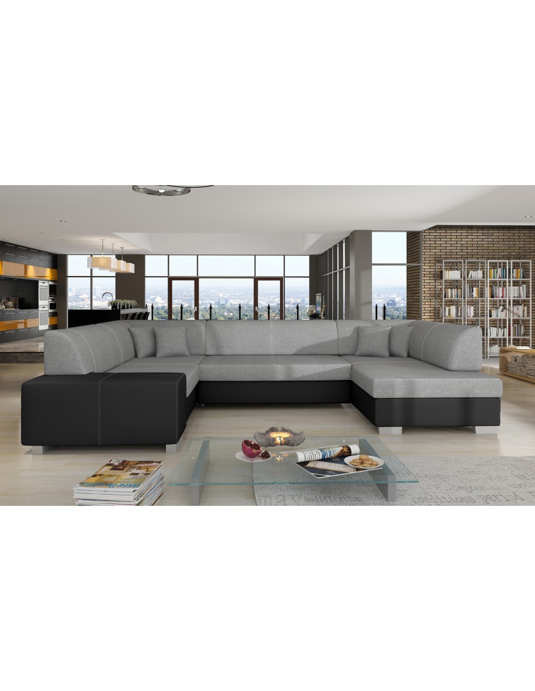 Canapé Panoramique En U Gris & Noir Convertible 6 Places Havane Assise Mousse T30