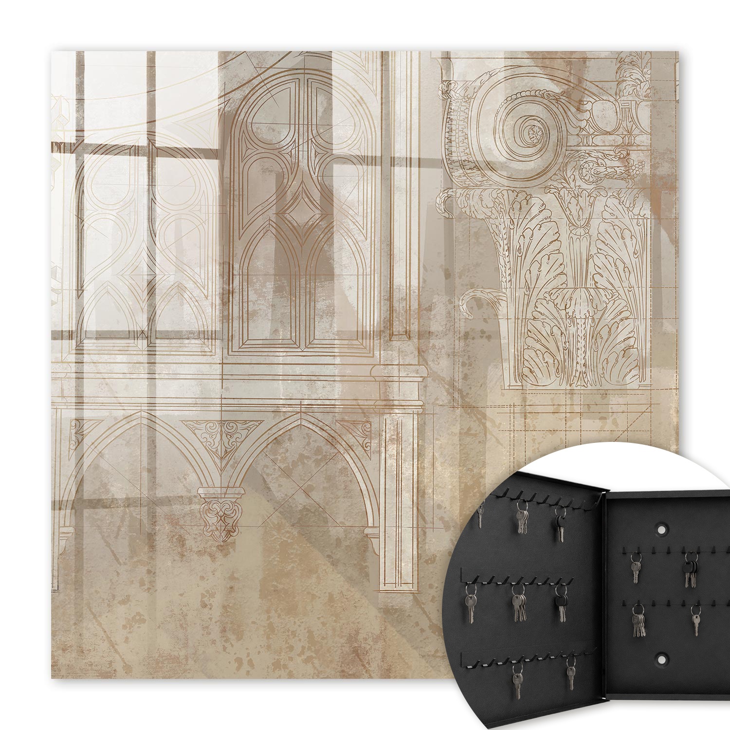 Armoire À Clés - (30 Cm X 30 Cm) - Boîte À Clés Murale - Coffret De Rangement Pour Clés - Couleur Noire - Ouverture Vers La Gauche - Pour Maison Et Bureau - Architecture Ancienne