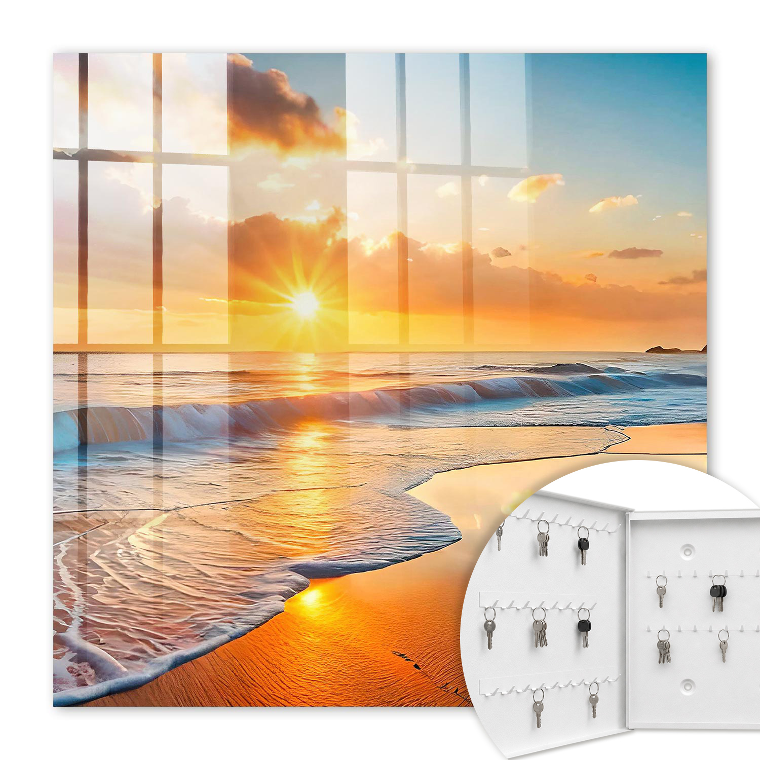 Armoire À Clés - (30 Cm X 30 Cm) - Boîte À Clés Murale - Coffret De Rangement Pour Clés - Couleur Blanche - Ouverture Vers La Gauche - Pour Maison Et Bureau - Coucher De Soleil Sur L'Océan