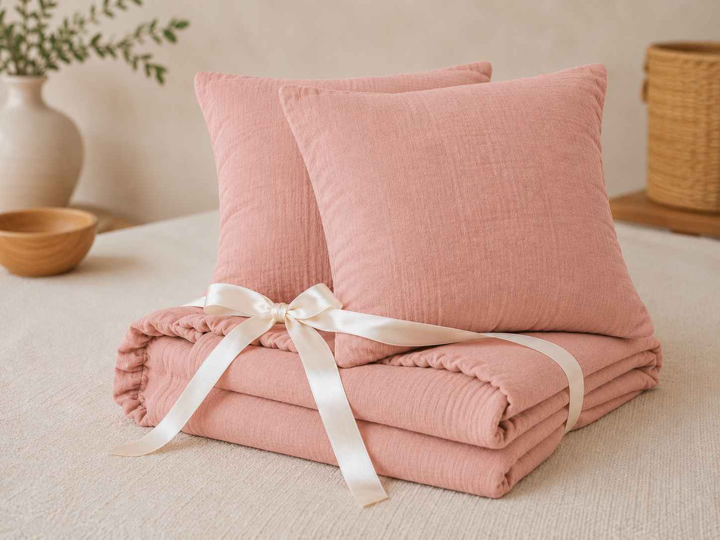 Pack Drap Housse 140 X 190 Cm + 2 Taies D'oreiller 60 X 60 Cm Double Gaze De Coton Gaïa Rose Pêche