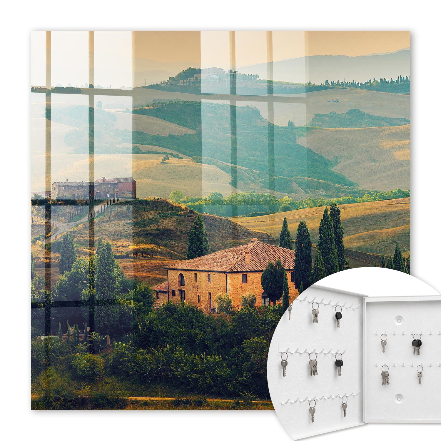 Armoire À Clés - (30 Cm X 30 Cm) - Boîte À Clés Murale - Coffret De Rangement Pour Clés - Couleur Blanche - Ouverture Vers La Gauche - Pour Maison Et Bureau - Paysage Toscan