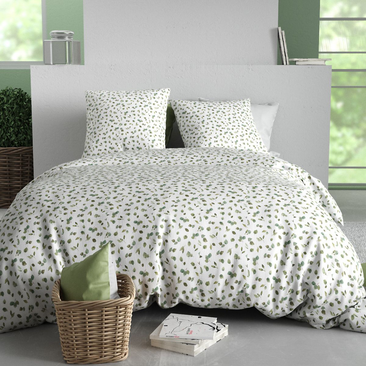 Parure Housse De Couette 240x220cm + 2 Taies Motif Petites Feuilles Blanc Et Vert 100% Coton - Lazare