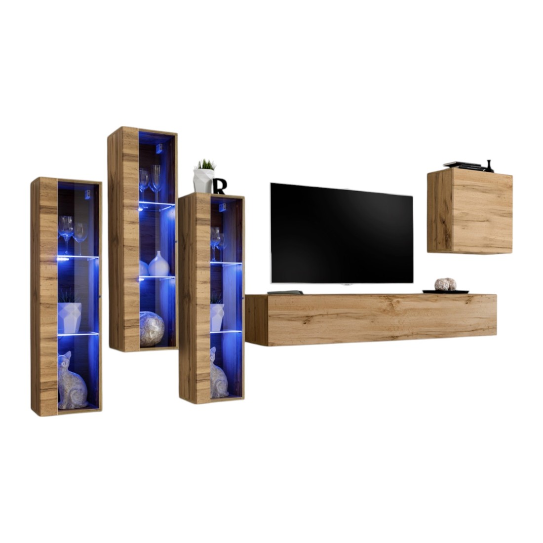 Composition Murale Switch Xiii - Meuble Tv, Vitrines Led Et Cube - Chêne Wotan - Desi