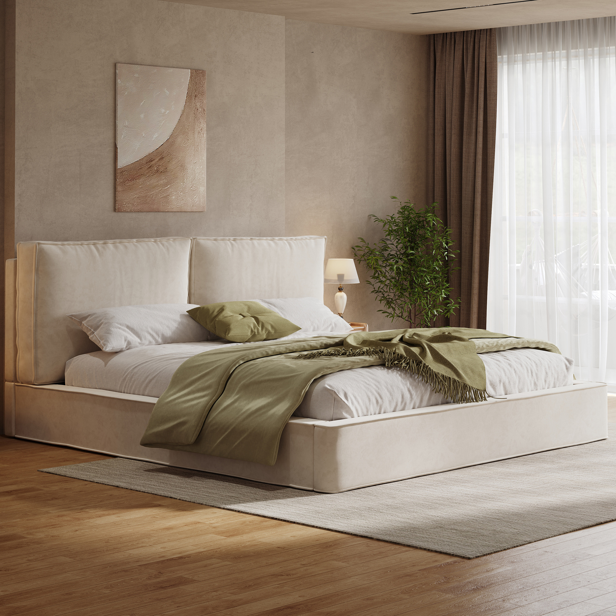 Redom - Lit Double 180x200 Cm Avec Sommier Cadre En Bois Matière Chenille Beige (sans Matelas)