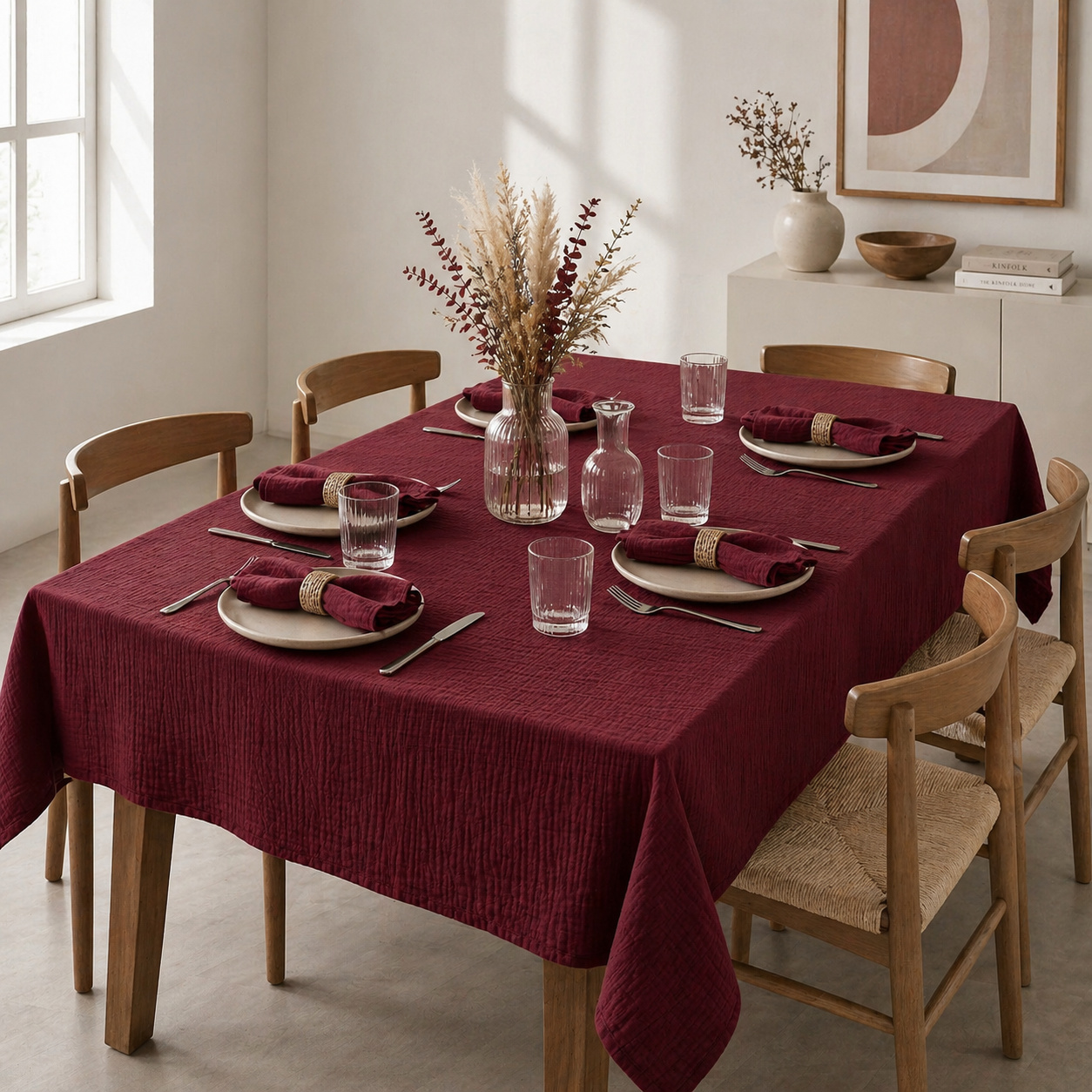 Nappe Rectangle 150 X 250 Cm + 6 Serviettes De Table - Double Gaze De Coton Gaïa Bordeaux