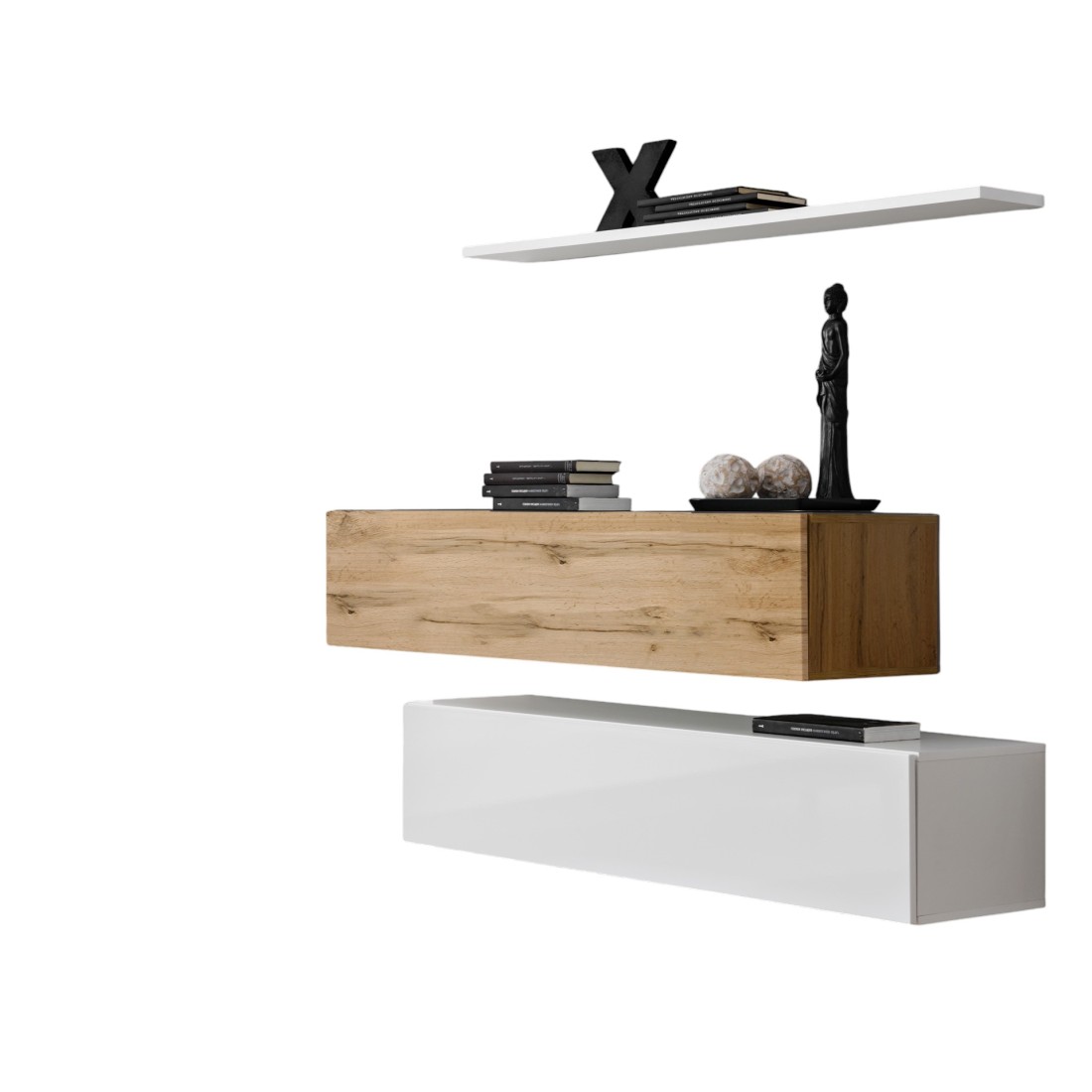 Meublorama - Ensemble Meubles De Salon Switch Sbii Design, Coloris Blanc Brillant Et Chêne Wotan.
