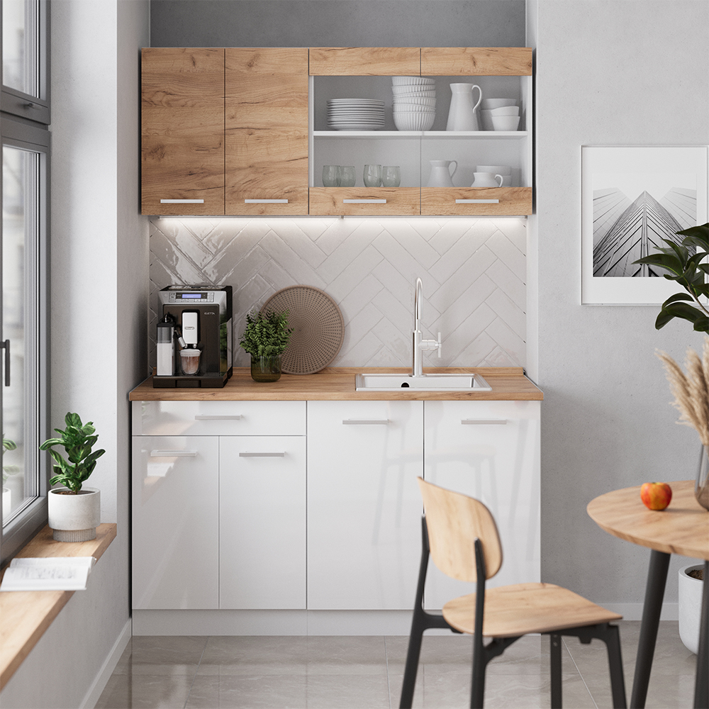 Cuisine R-line, Chêne Doré/blanc, 140cm Armoires Bicolores, Pt Chêne, Vicco