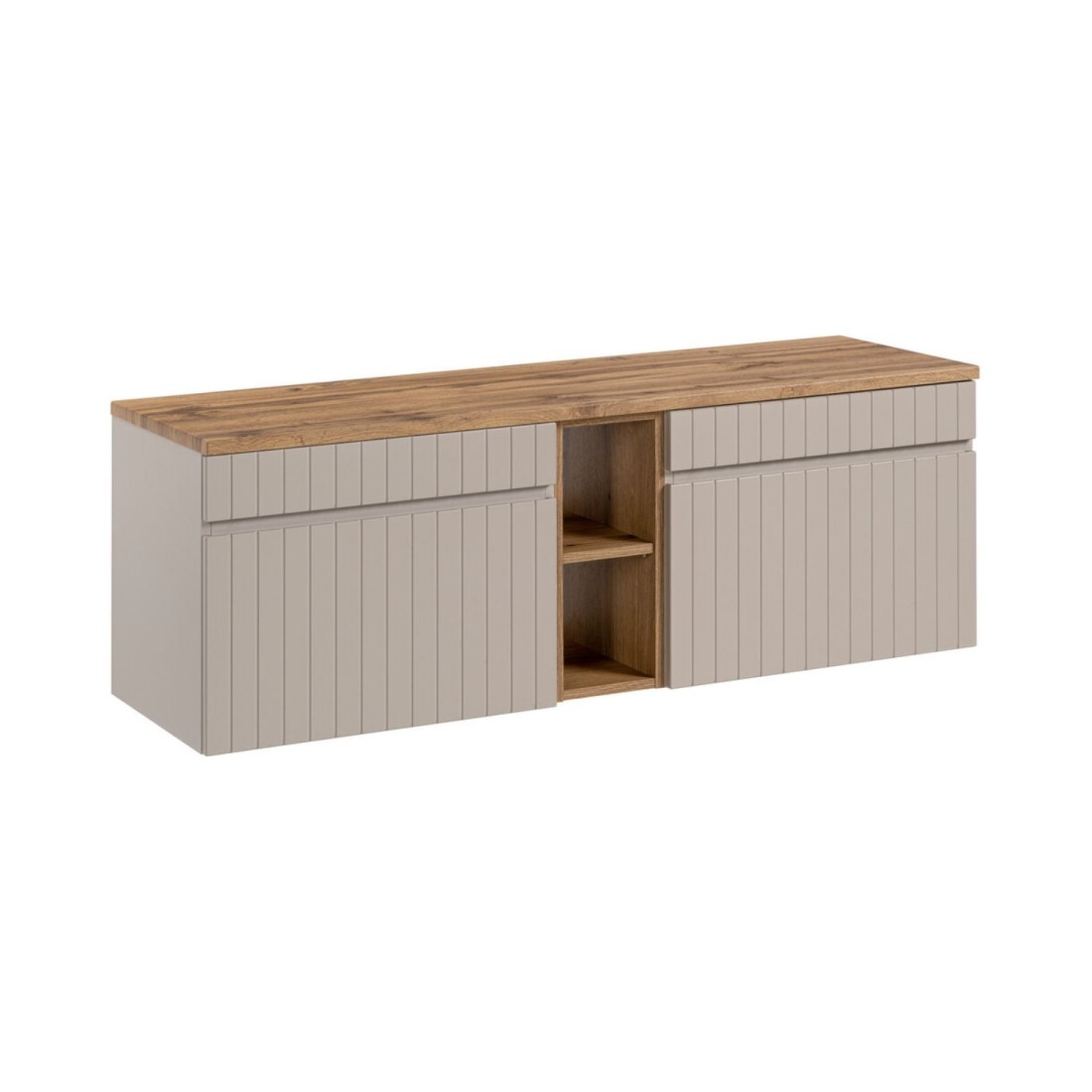 Ensemble Icon: Meuble Sous Vasque 140cm Cachemire Avec Niches Visibles Aspect Bois + Plan Pour Vasque Aspect Bois