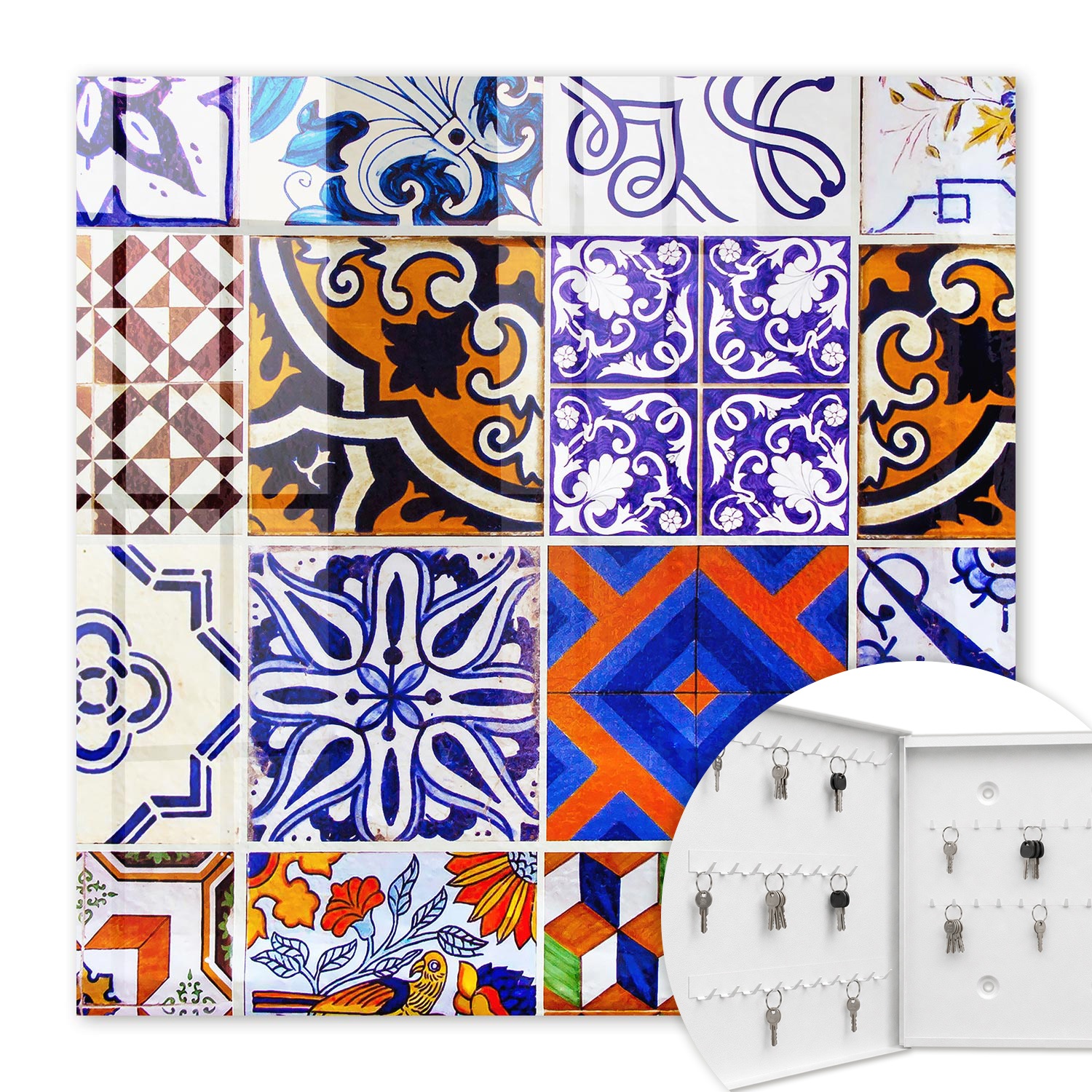 Armoire À Clés - (30 Cm X 30 Cm) - Boîte À Clés Murale - Coffret De Rangement Pour Clés - Couleur Blanche - Ouverture Vers La Gauche - Pour Maison Et Bureau - Carreaux Colorés