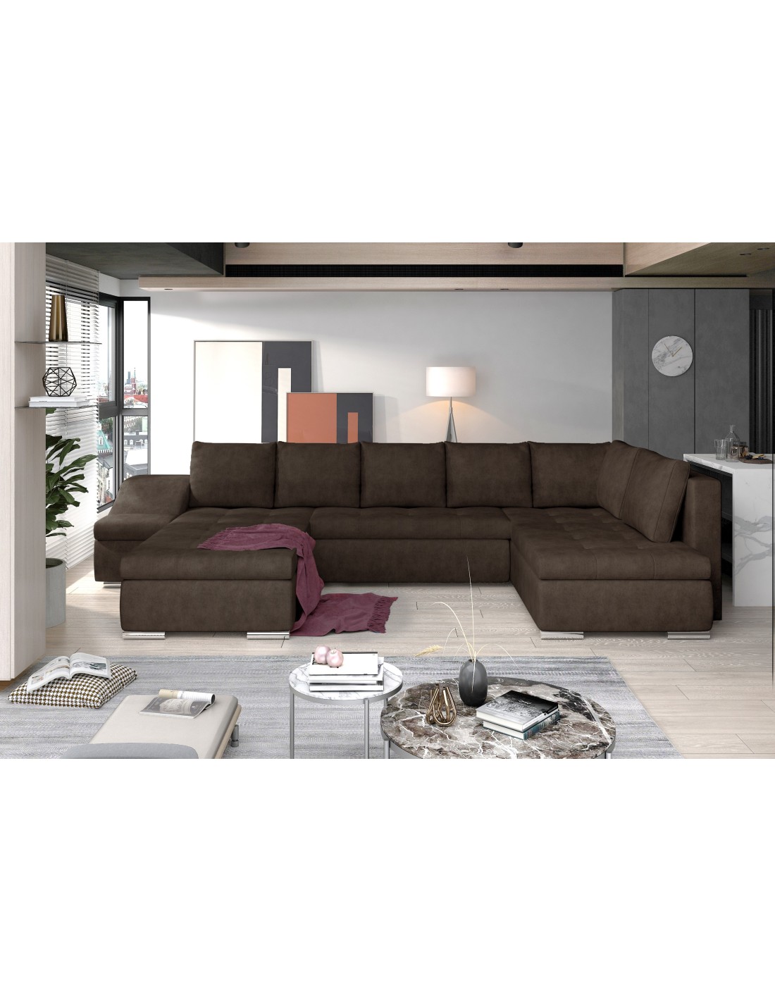 Canapé Panoramique Gyovani Chocolat Angle Gauche Convertible Avec Coffre