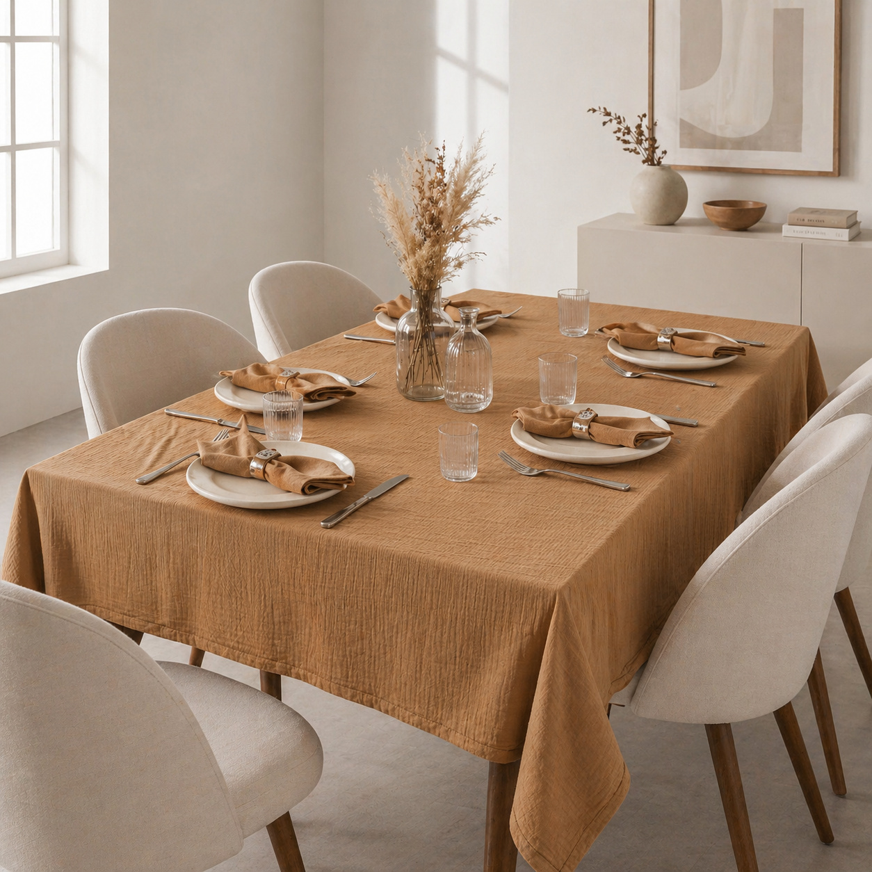 Nappe Rectangle 150 X 250 Cm + 6 Serviettes De Table - Double Gaze De Coton Gaïa Camel