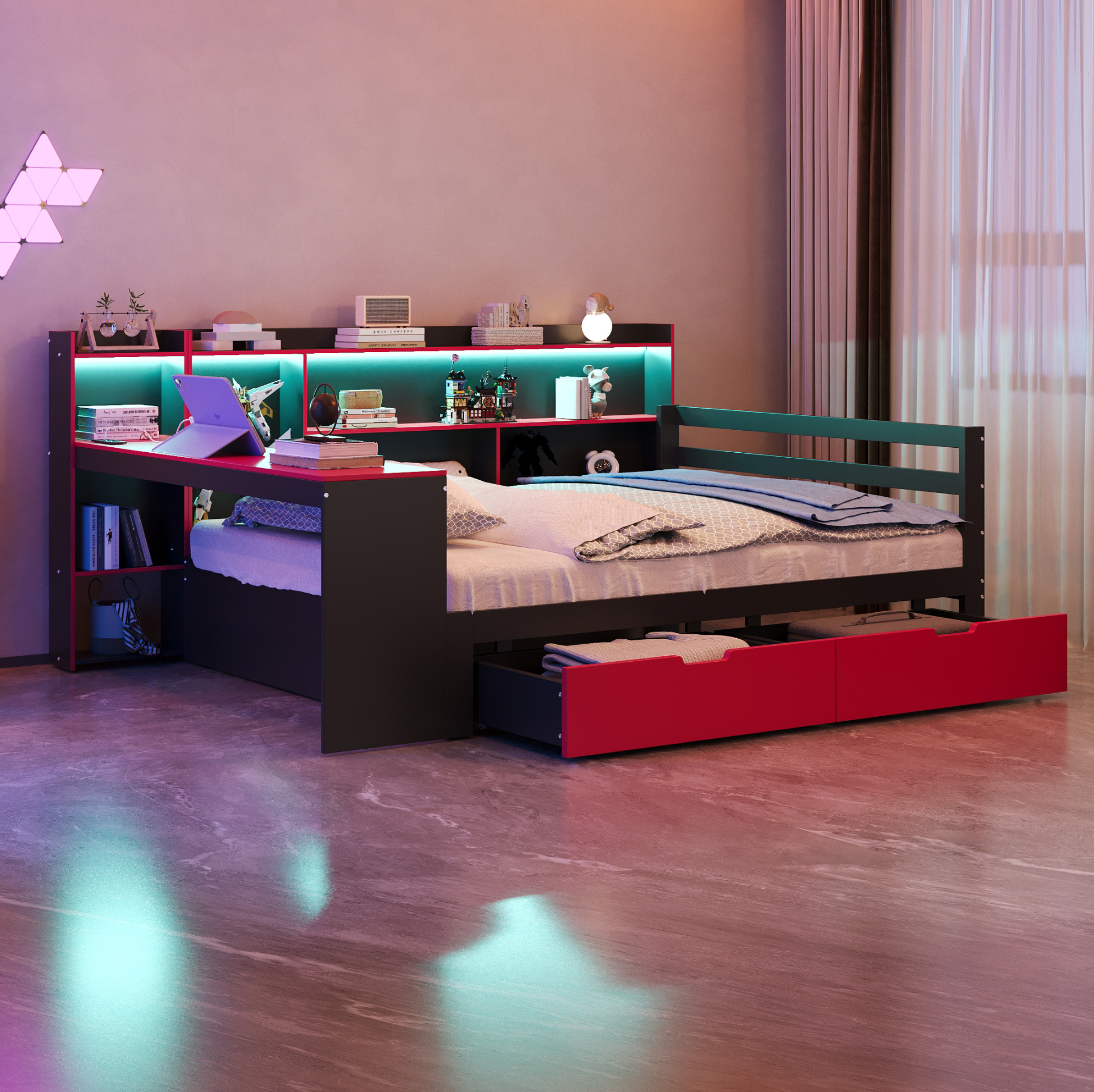 Redom - Lit Doubles 140x200 Cm Avec Bureau, Étagères, Rangements, Tiroirs, Bois Noir Et Rouge (sans Matelas)