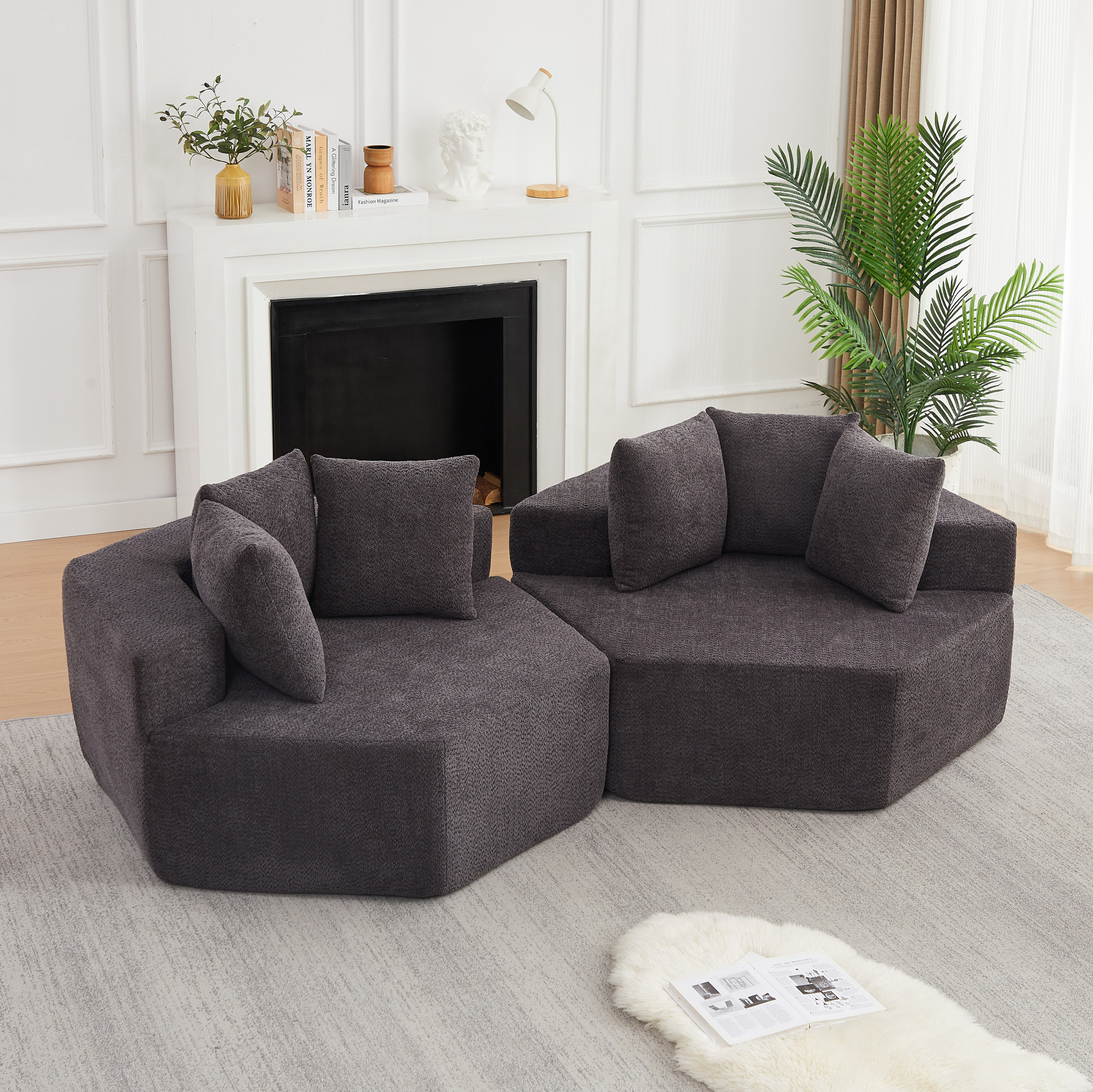 Fauteuil Lounge Modulable Hexagonal En Chenille Grise, 138 X 122 X 76 Cm, Redom