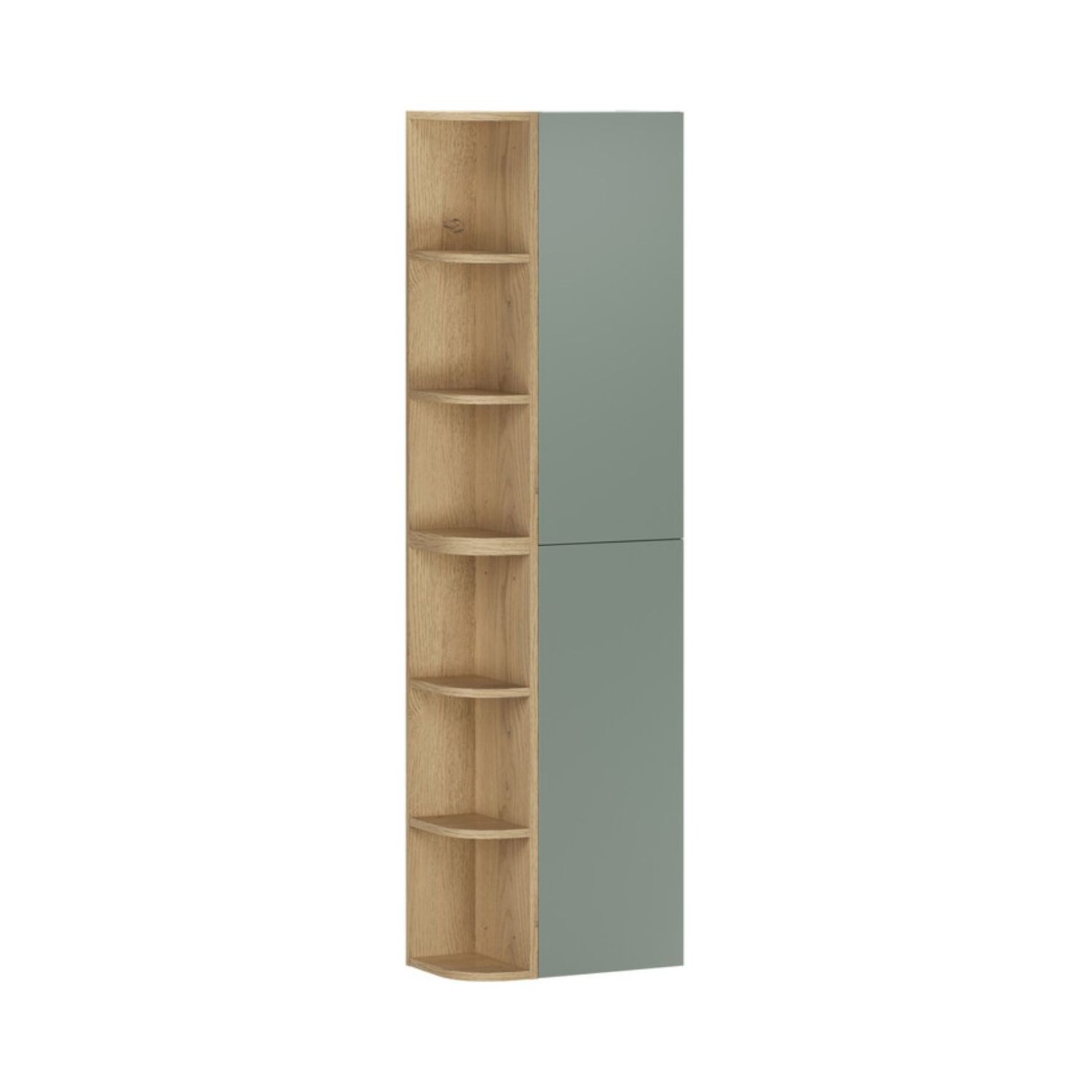 Meubles De Rangement Modulables Oster 45cm - Meubles Suspendus Vert Sauge 1 Porte Et 6 Niches Arrondies Aspect Chêne Clair