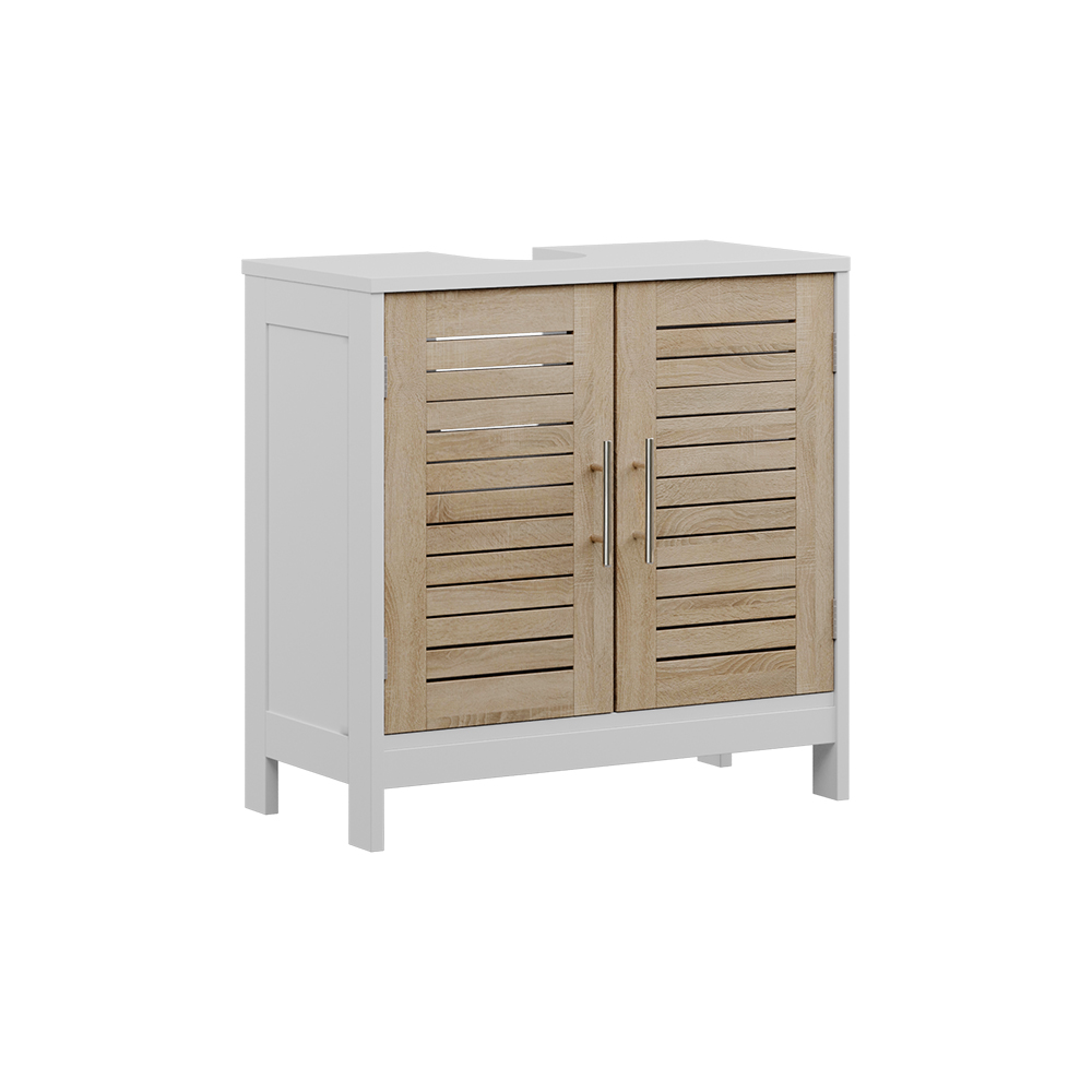 Meuble Vasque Simple Looma, Blanc/chêne, 60x60cm Avec 2 Compartiments Fermés, Vicco