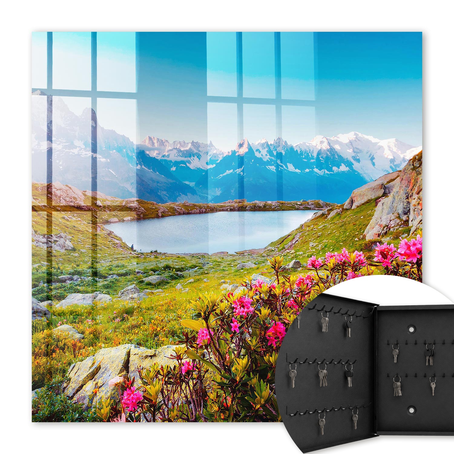 Armoire À Clés - (30 Cm X 30 Cm) - Boîte À Clés Murale - Coffret De Rangement Pour Clés - Couleur Noire - Ouverture Vers La Gauche - Pour Maison Et Bureau - Paysage De Montagne