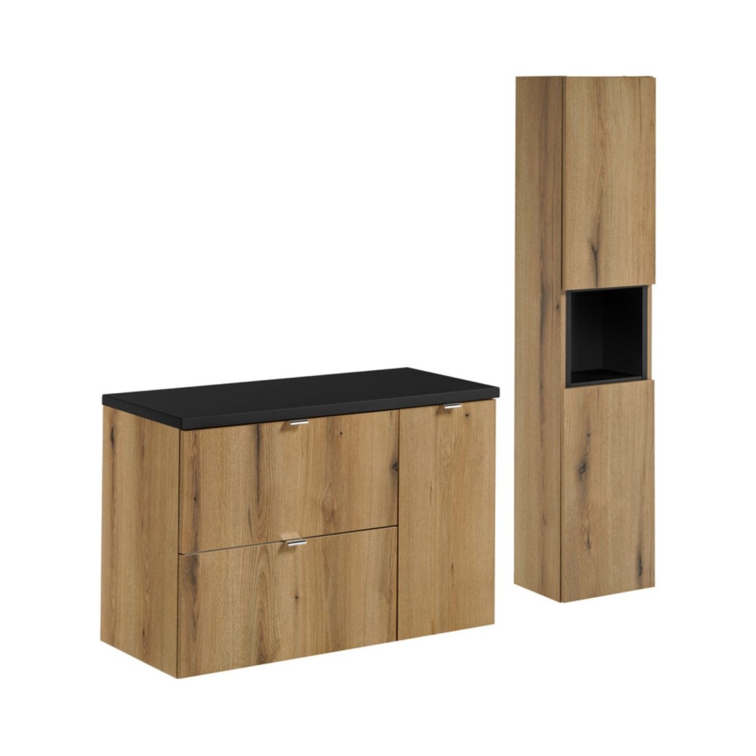 Ensemble De Salle De Bain Vano Aspect Chêne Et Noir 120cm: Meuble Sous Vasque À Tiroirs Et Placards + Plan Pour Vasque + Colonn