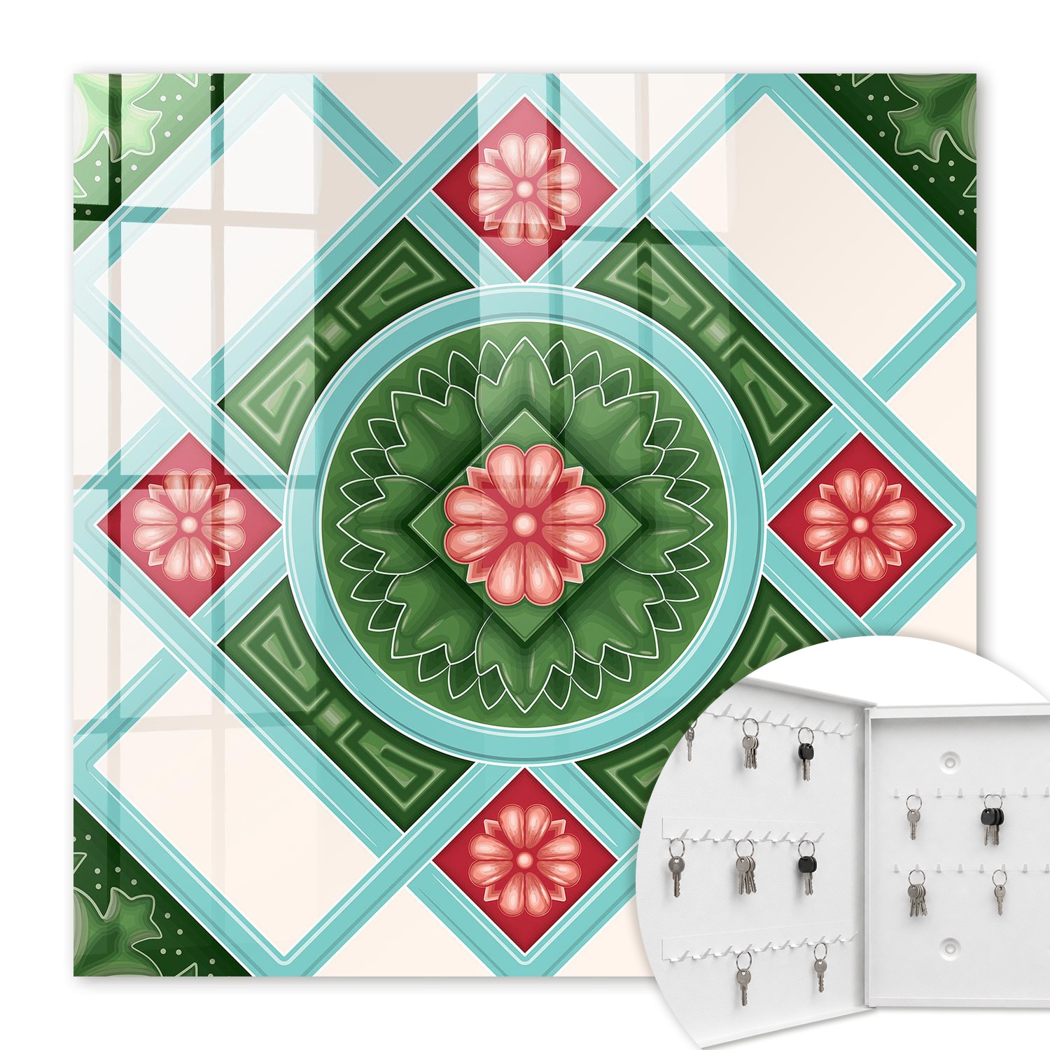 Armoire À Clés - (30 Cm X 30 Cm) - Boîte À Clés Murale - Coffret De Rangement Pour Clés - Couleur Blanche - Ouverture Vers La Gauche - Pour Maison Et Bureau - Géométrie Florale