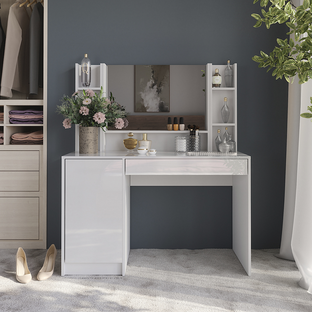 Coiffeuse Sherry, Blanc/blanc Haute Brillance, 119.8cm Avec Miroir, Vicco