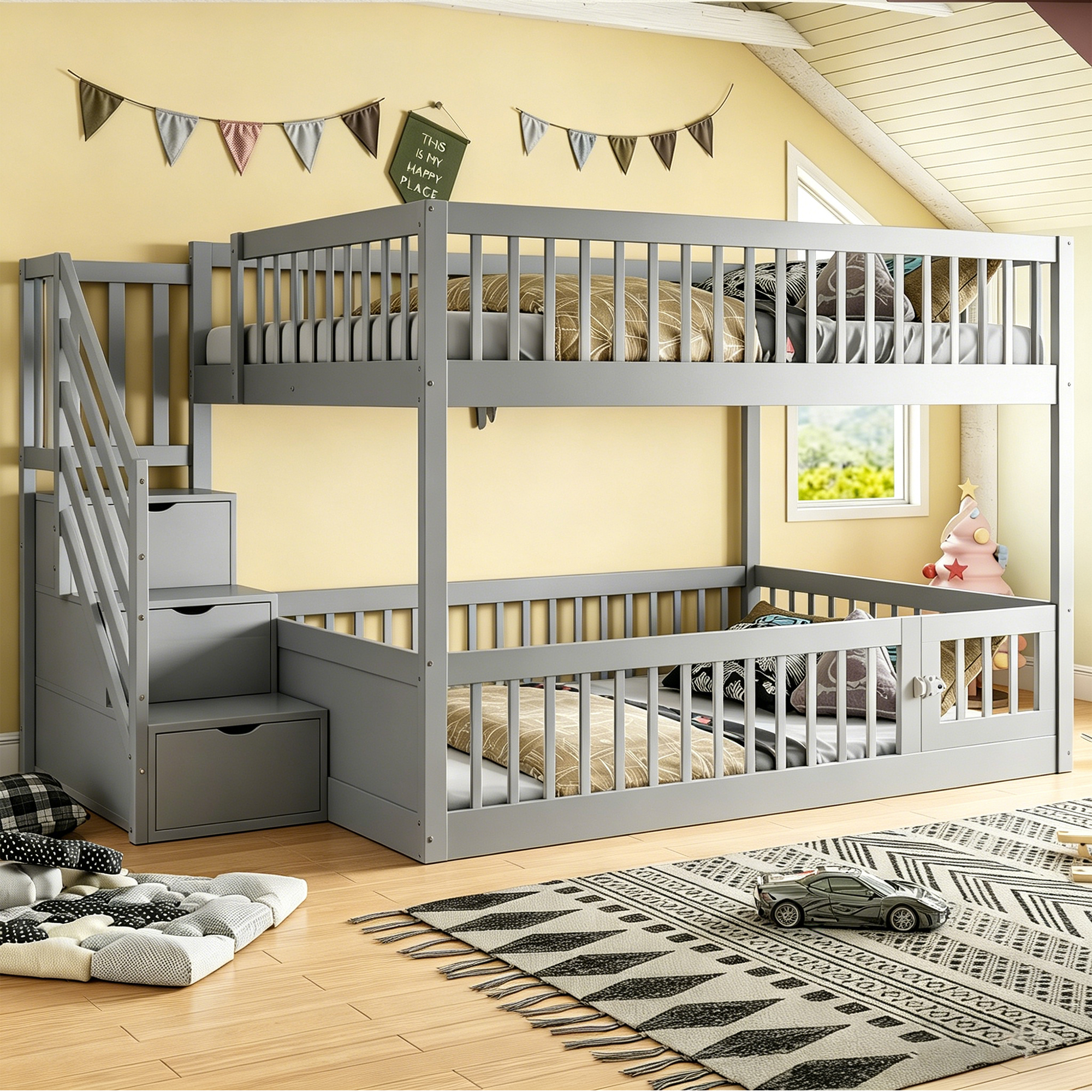 Redom Lit Superposé 140x200 Cm Avec Escalier De Rangement Et Porte Ouvrante, Bois, Gris (sans Matelas)