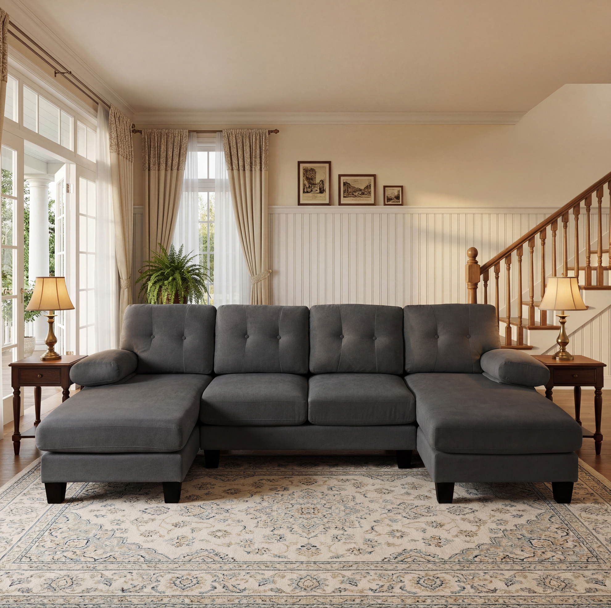 Canapé D'angle U 4 Places Avec Chaises Longues, Chenille Gris, 268 X 128 X 84 Cm