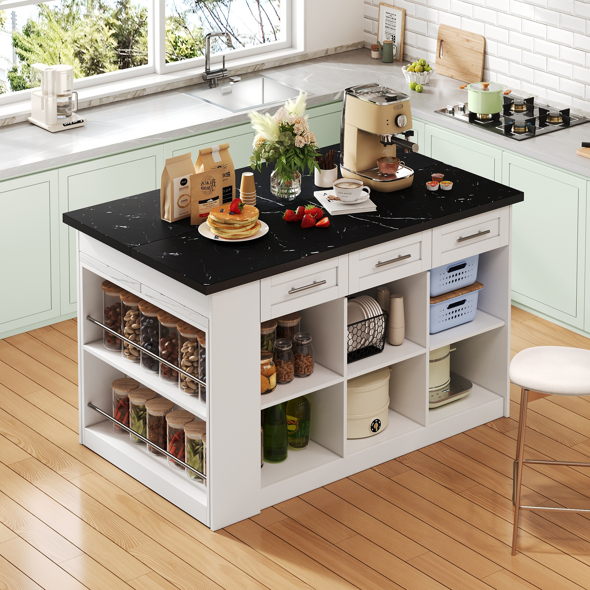 Îlot De Cuisine 150x90x90 Cm, Table Escamotable Intégrée, Rangements Multiples, Mdf Blanc Effet Marbre Blanc