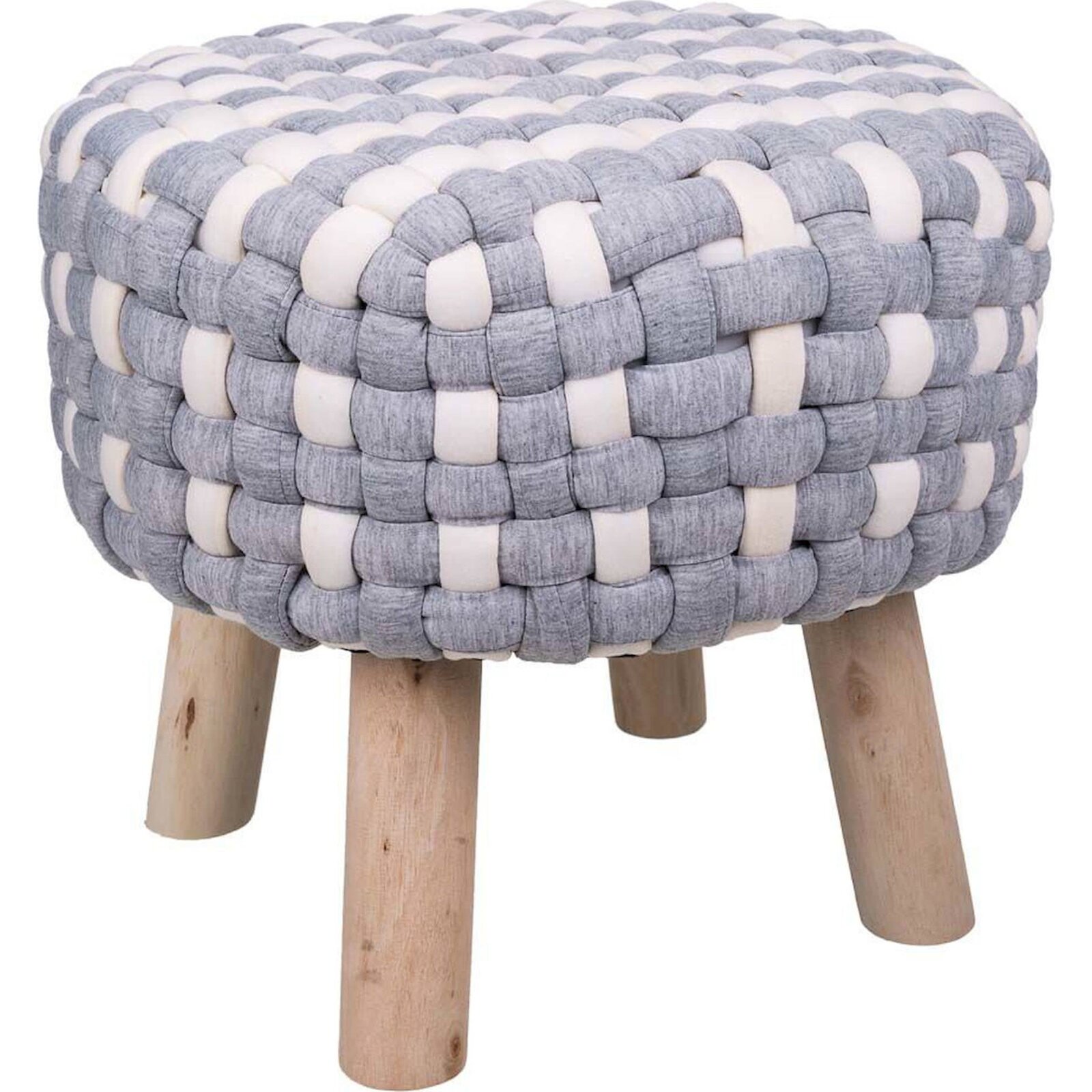 Tabouret Design Bois Et Coton Tressé Blanc Gris Élégant - Gris Clair Tressé Blanc Et Bois Naturel