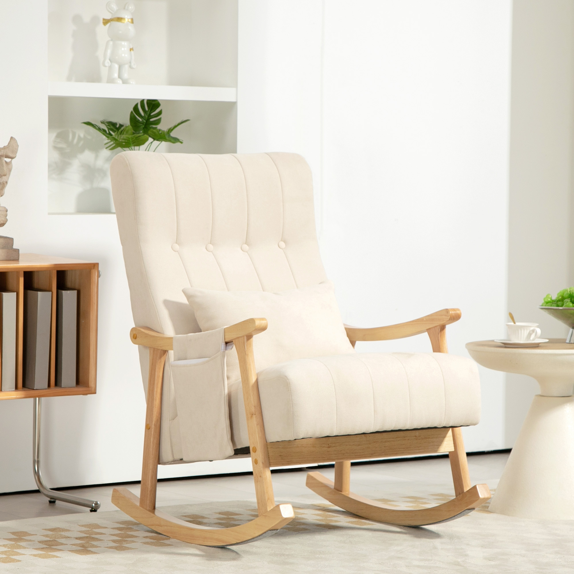Fauteuil À Bascule Rembourré Avec Coussin Lombaire Et Poche Latérale, Structure Bois, Beige Redom