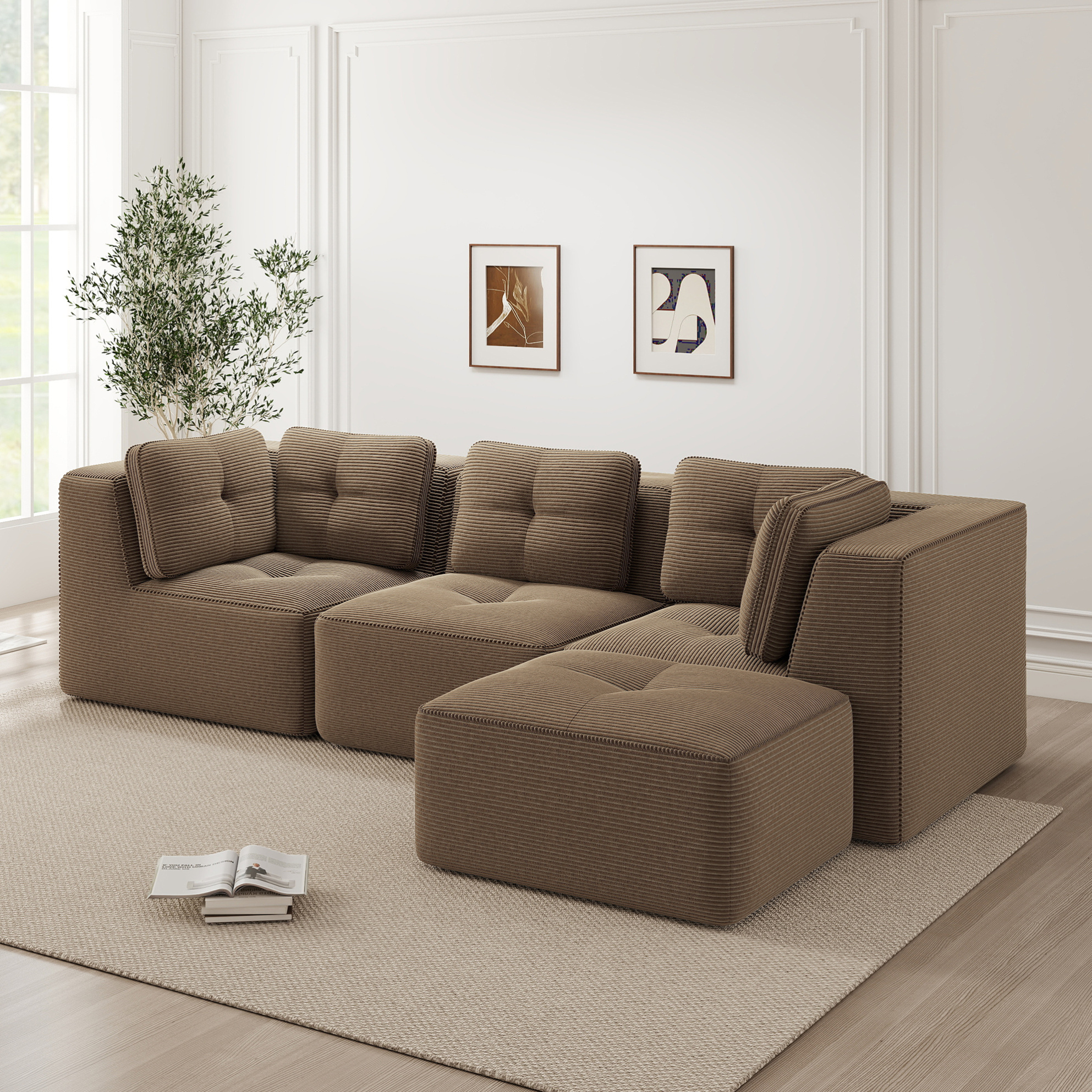 Redom - Canapé D'Angle Modulaire 297x177x69 Cm, Sans Montage, Modules Libres, Accoudoirs Larges, Velours Côtelé Marron