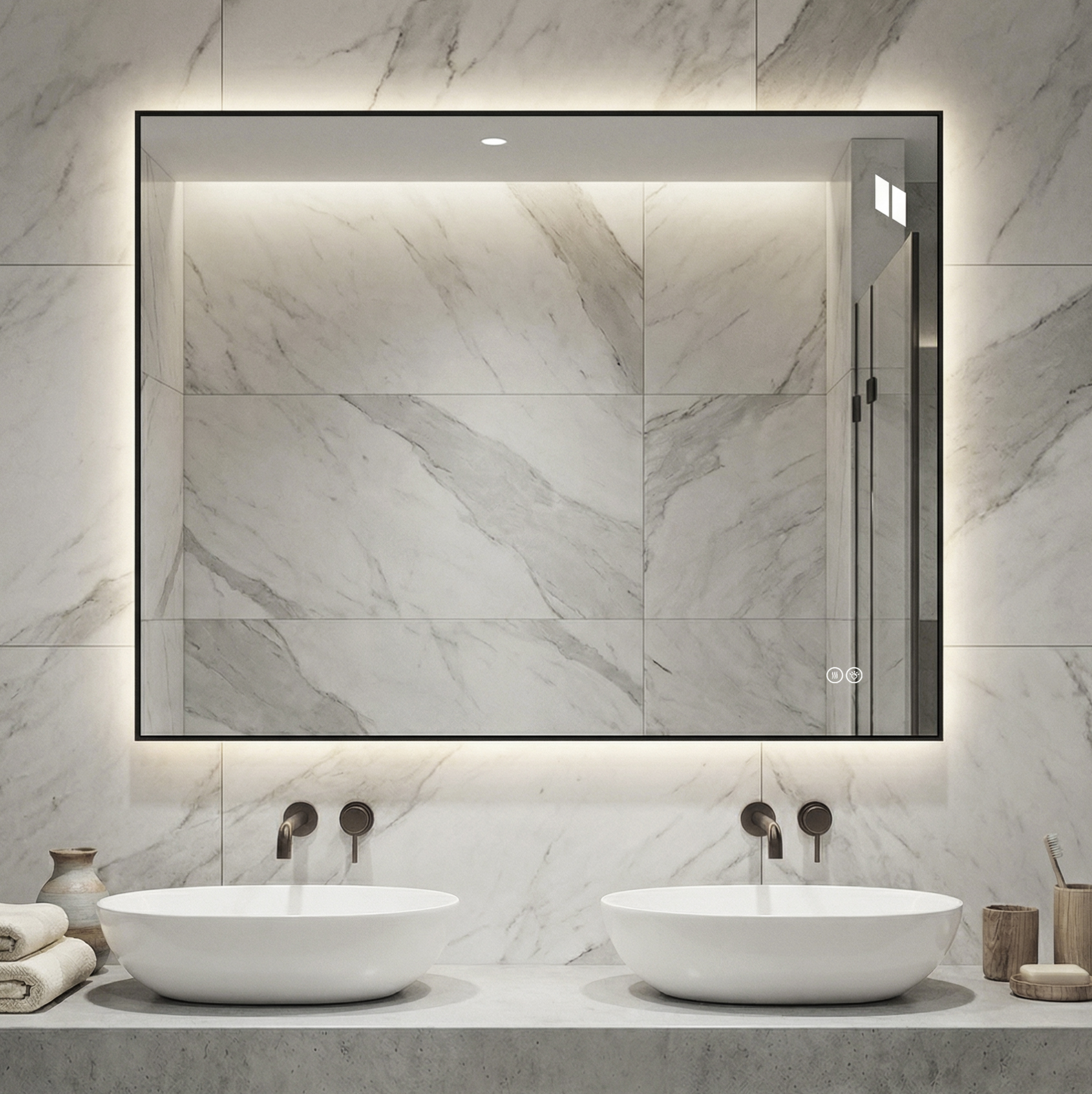 Miroir Led De Salle De Bain 90x70 Cm, Cadre Aluminium Noir, Anti-buée, 3 Couleurs