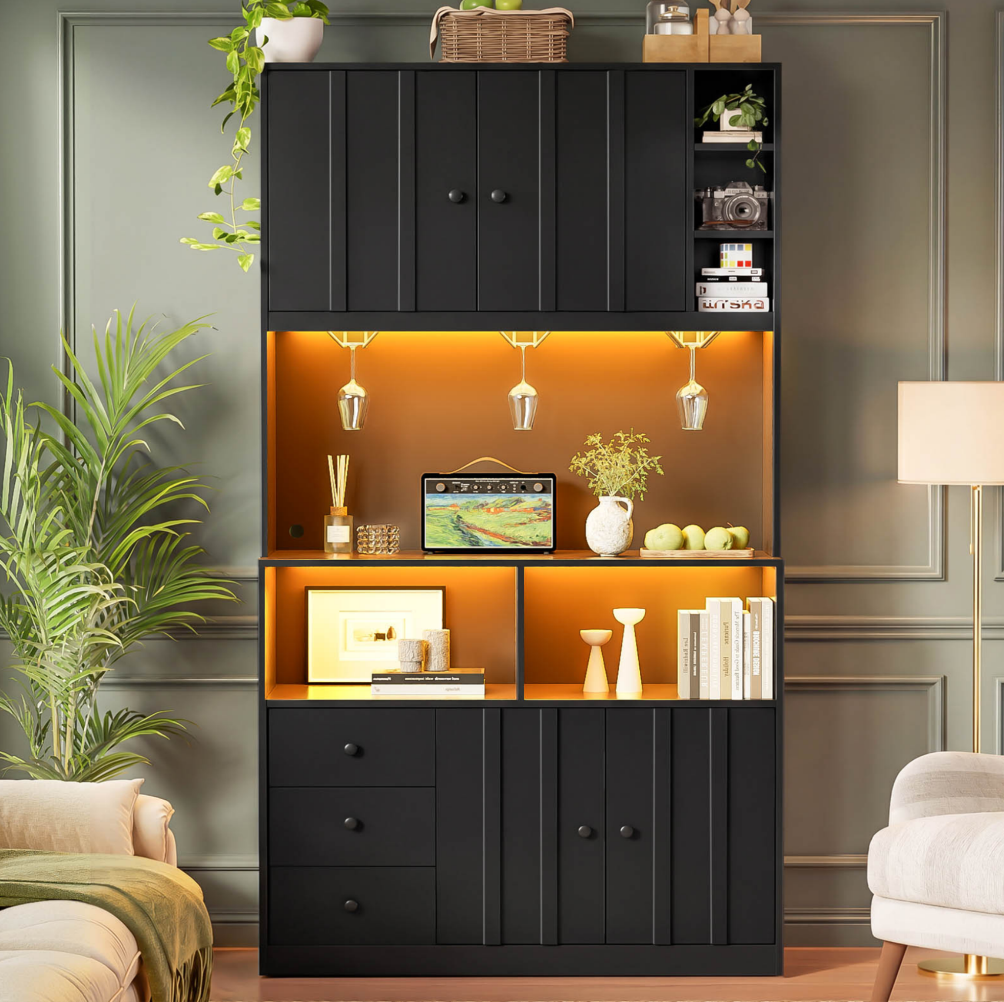 Buffet De Cuisine Haut Avec Led, Prises Usb, Range-bouteilles Et Vitrine 100x40x180 Cm Mdf Noir