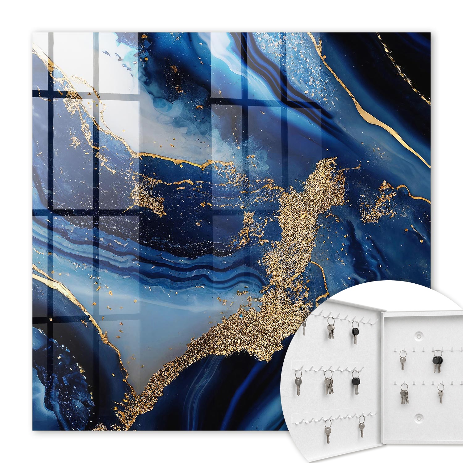 Armoire À Clés - (30 Cm X 30 Cm) - Boîte À Clés Murale - Coffret De Rangement Pour Clés - Couleur Blanche - Ouverture Vers La Gauche - Pour Maison Et Bureau - Rayures Bleu Marine