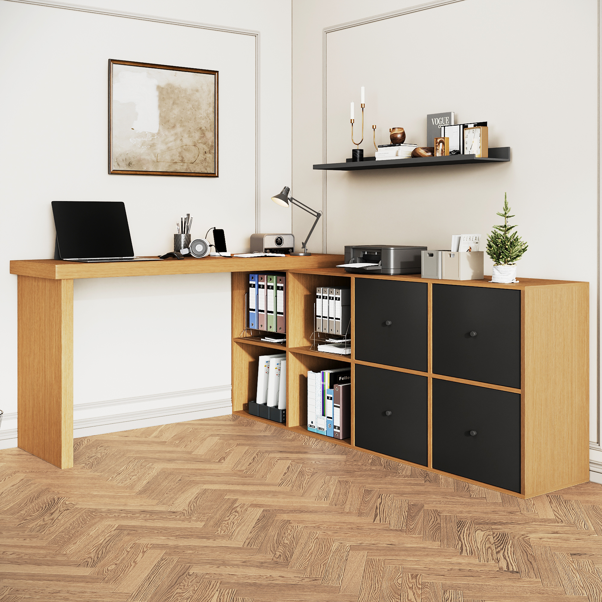 Redom Bureau D'Angle 120x48x78 Cm Et 140x35x74 Cm, Pivotant À 360°, 8 Rangements, Mdf Noir Et Chêne
