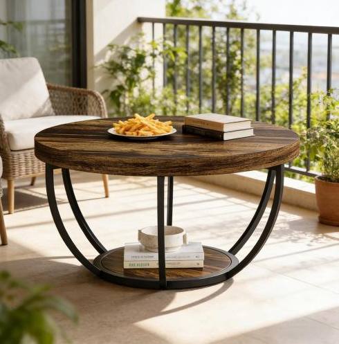 Table Basse Ronde À 2 Niveaux En Bois Et Métal, Finition Rustique, 80,5 Cm