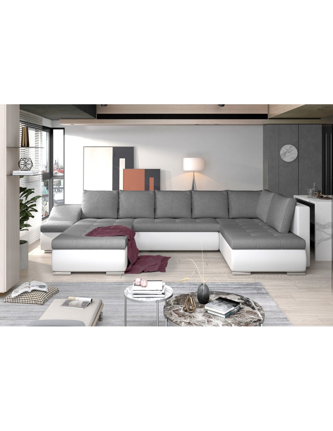 Canapé Panoramique Gyovani Gris Et Blanc Angle Gauche Convertible Avec Coffre