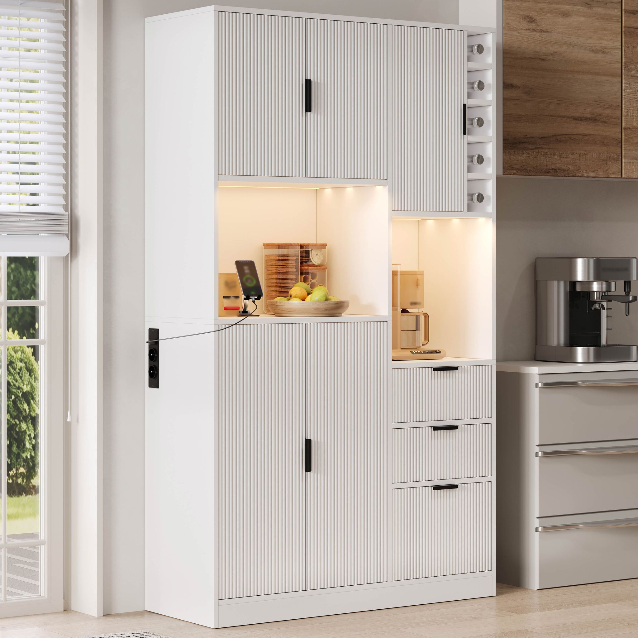 Buffet De Cuisine 105x40x180 Cm, Éclairage Led Changeant Contrôlé Par Application, Prises Intégrées, Mdf Blanc
