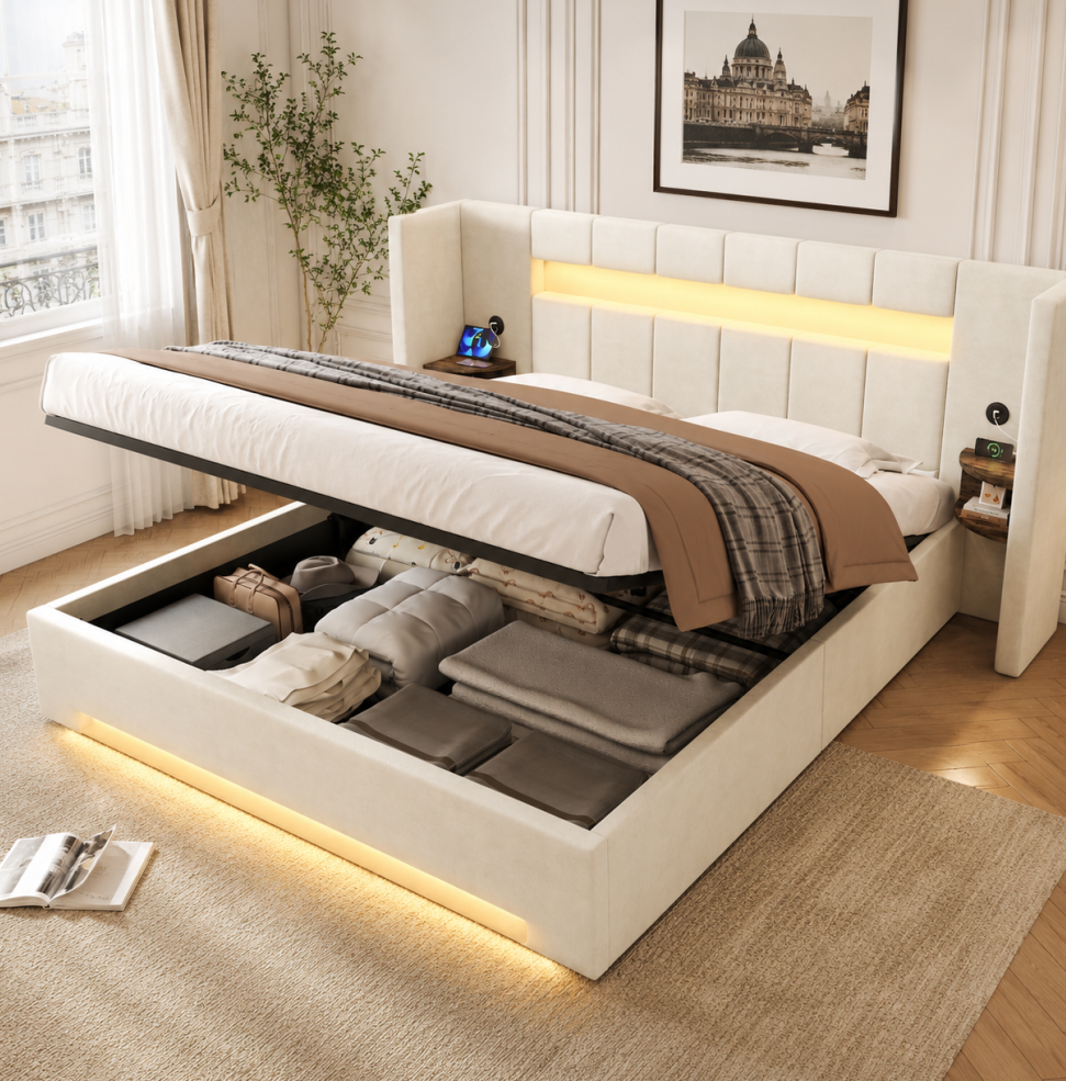 Redom - Lit Coffre - 160x200 Cm - Avec Usb - Led Et Rangements Latéraux - Velours - Beige (sans Matelas)