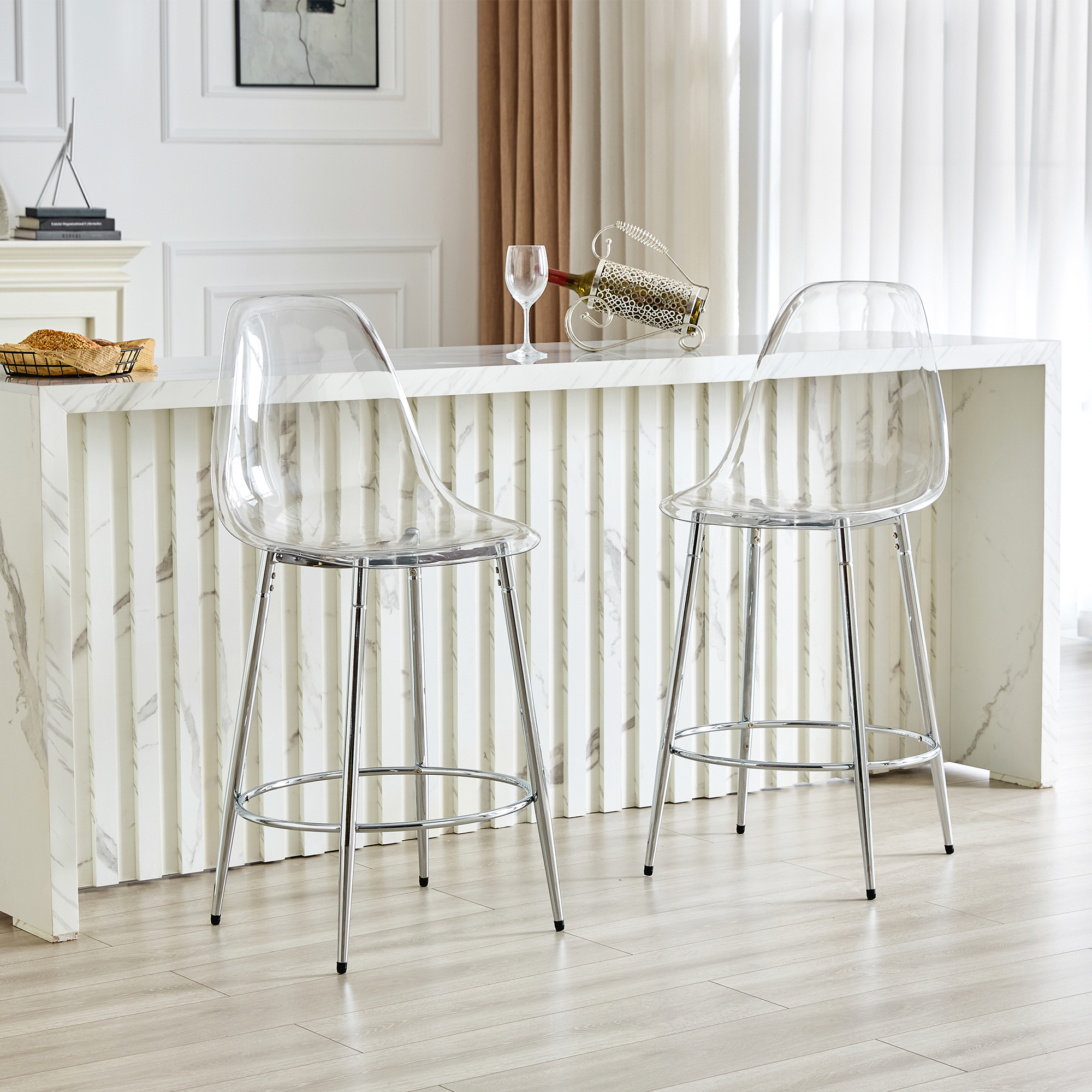 Redom Lot De 2 Tabourets De Bar, Dossier Transparent, Repose Pieds, Structure Métallique En X, Plastique Et Métal Argenté Transparent