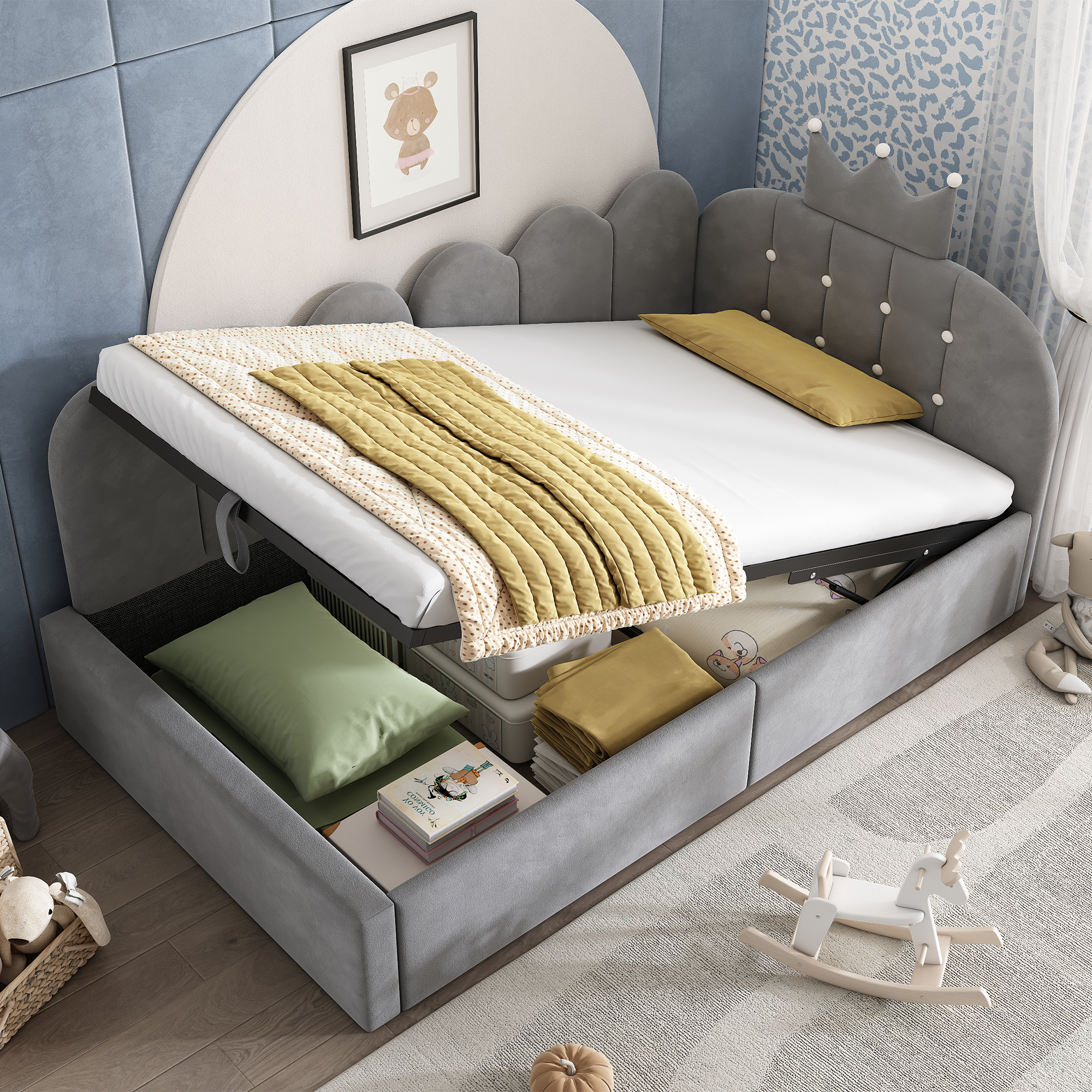 Redom Lit Coffre 90x200 Cm Avec Rangement Hydraulique En Velours Gris (sans Matelas)
