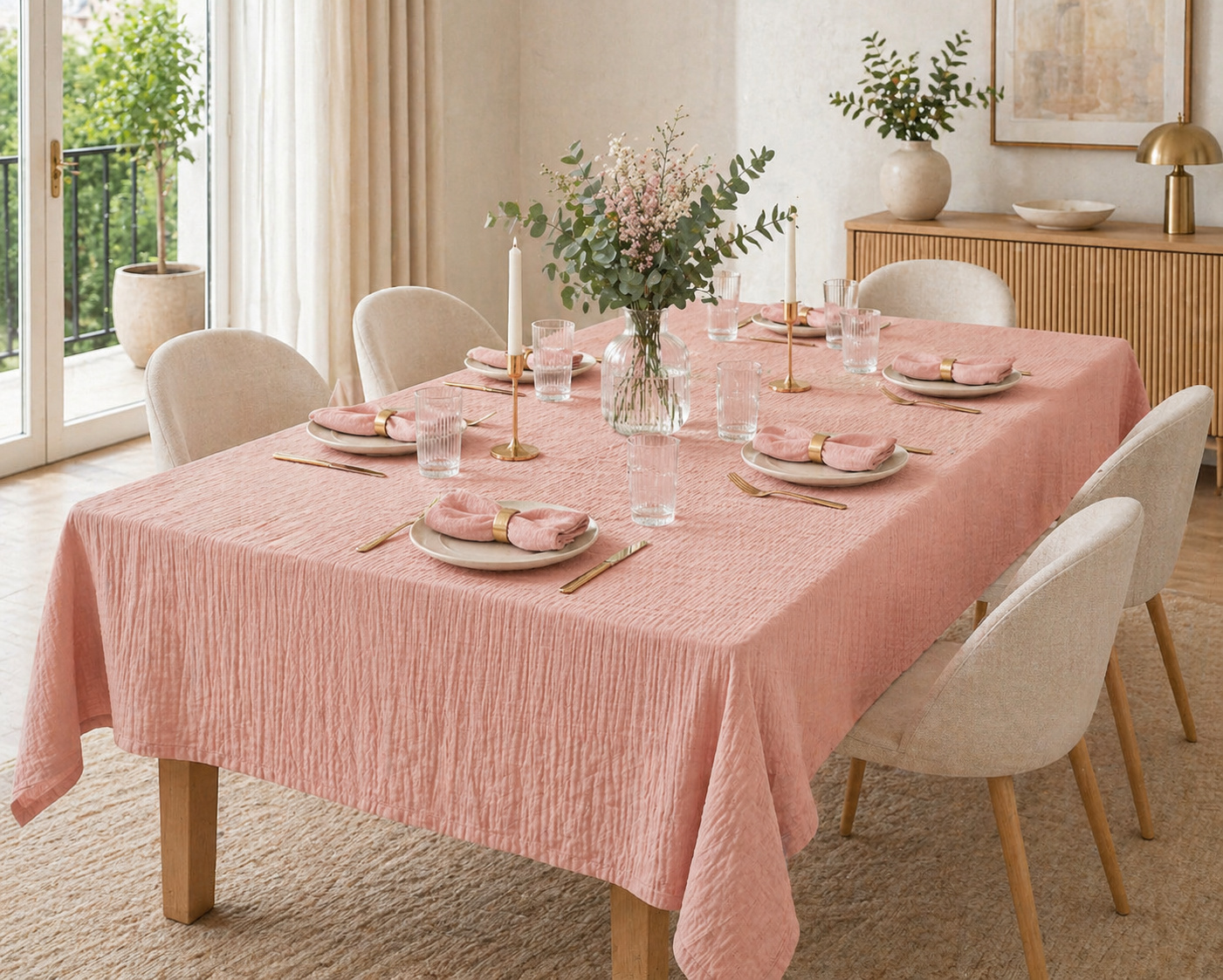 Nappe Rectangle 150 X 350 Cm + 6 Serviettes De Table - Double Gaze De Coton Gaïa Rose Pêche