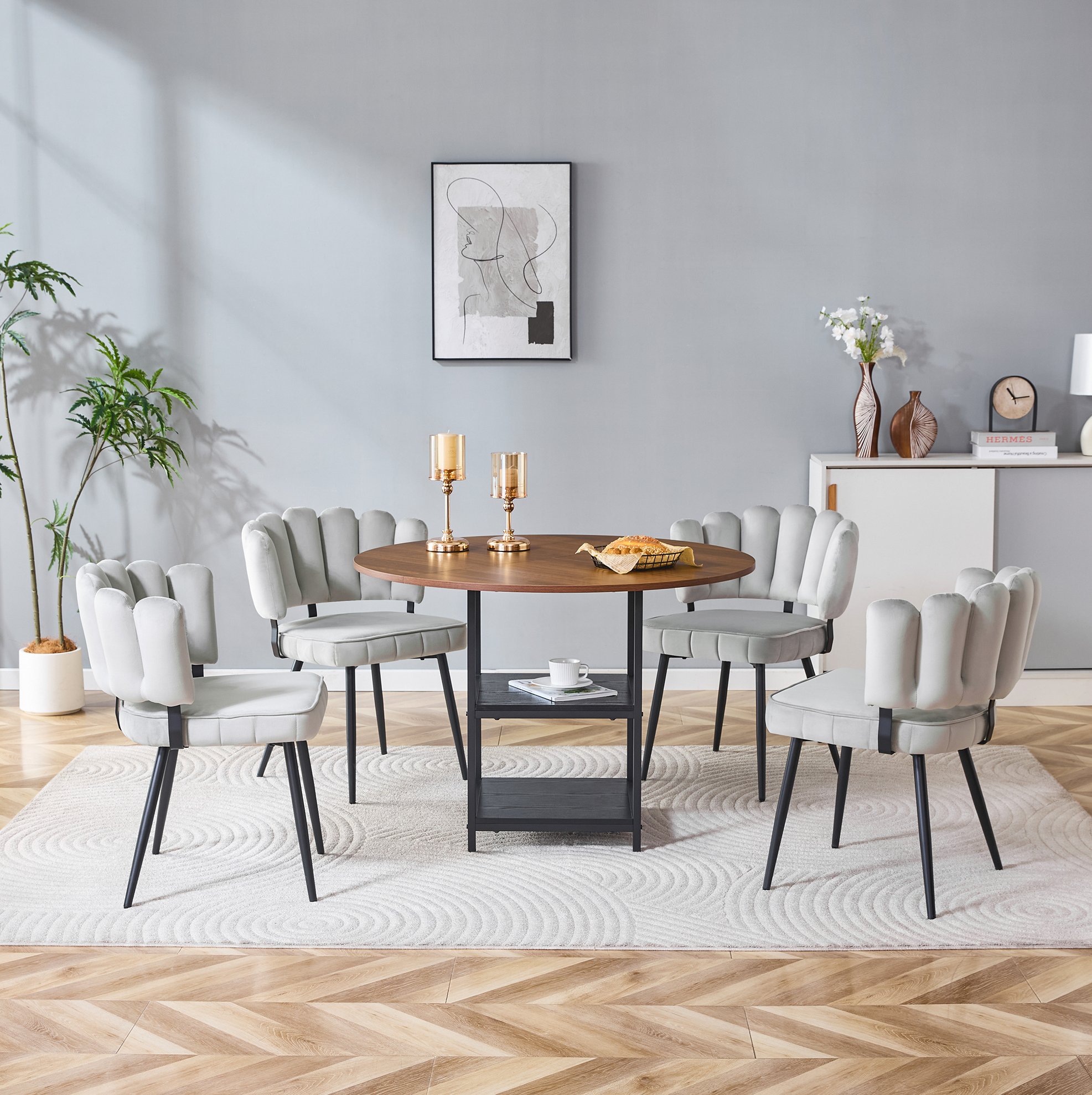 Ensemble Table Ronde 107 Cm Effet Noyer Avec Rangement Double Et 4 Chaises Gris Clair