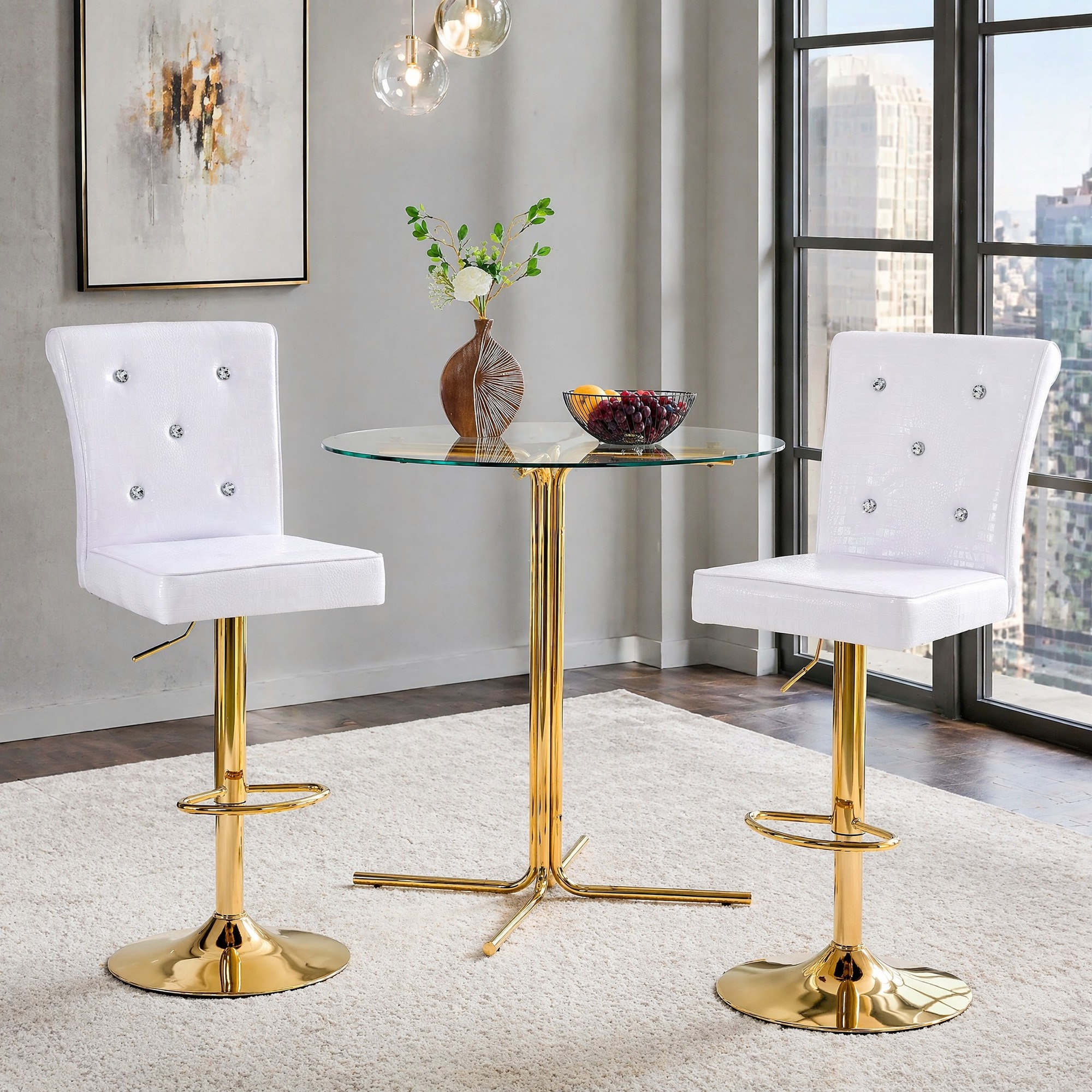 Lot De 2 Tabourets De Bar Relevables Blancs Effet Croco En Pvc, Piètement Métal Doré