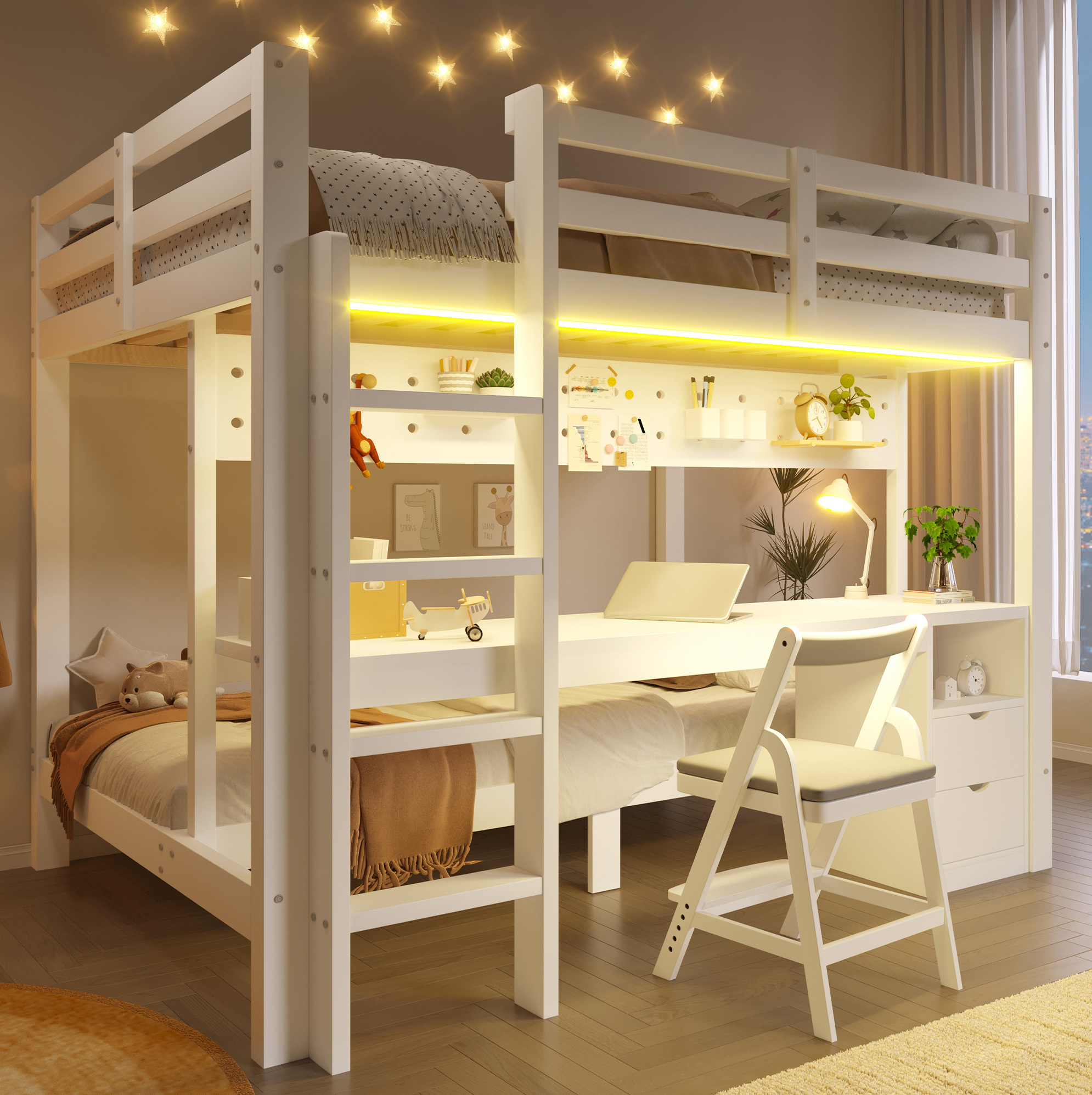 Lit Mezzanine Enfant 90x200/140x200 Cm En Pin Blanc Avec Tiroirs, Bureau, Led