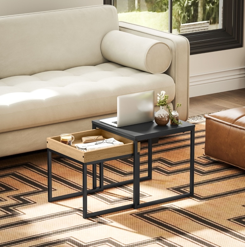 Lot De 2 Tables Basses Carrées Pour Salon, Mdf Et Acier, Noir, 45/40 Cm, Redom