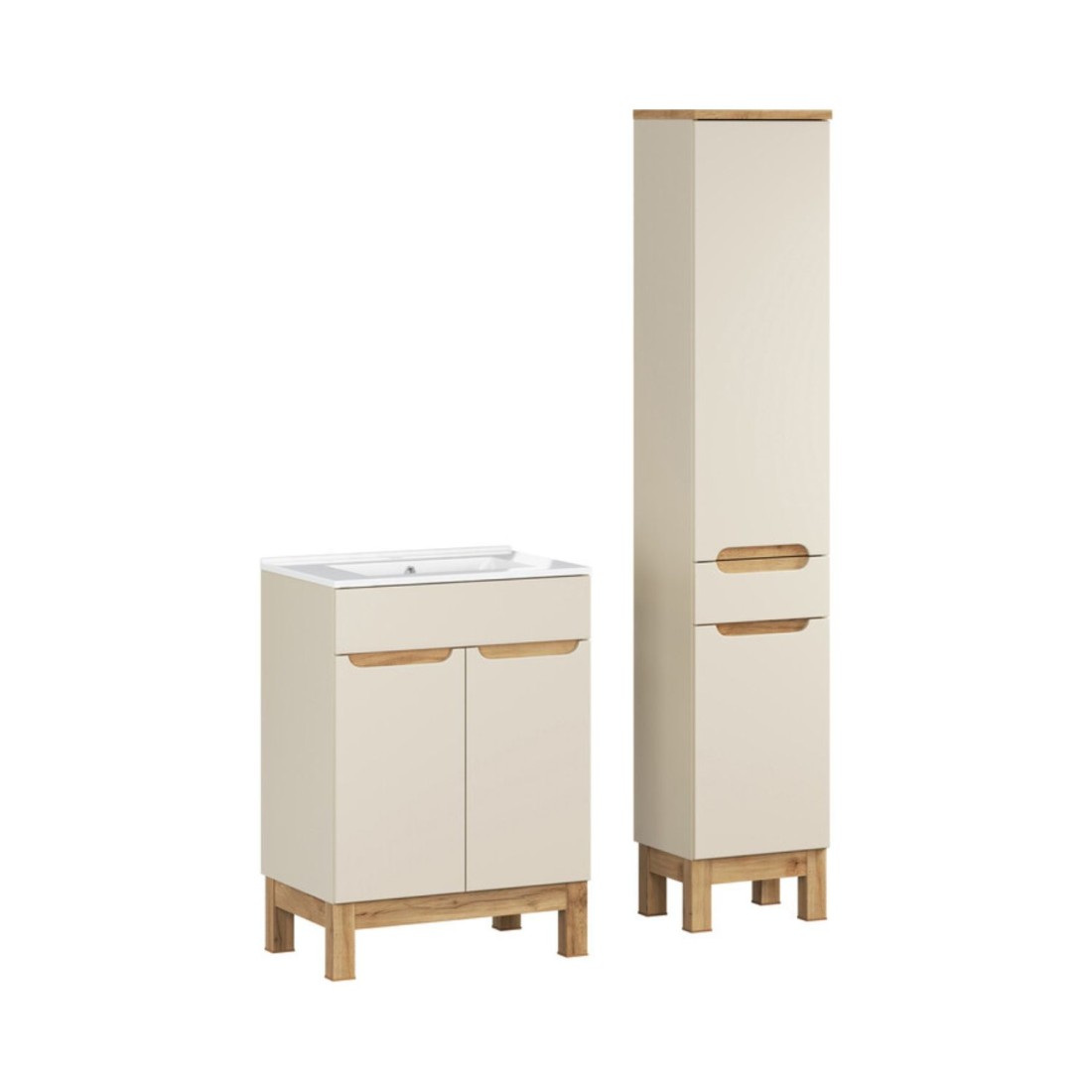 Ensemble De Salle De Bain Ermano Cachemire Aspect Chêne 95cm: Meuble Sous Vasque + Vasque Encastrée Blanche + Colonne