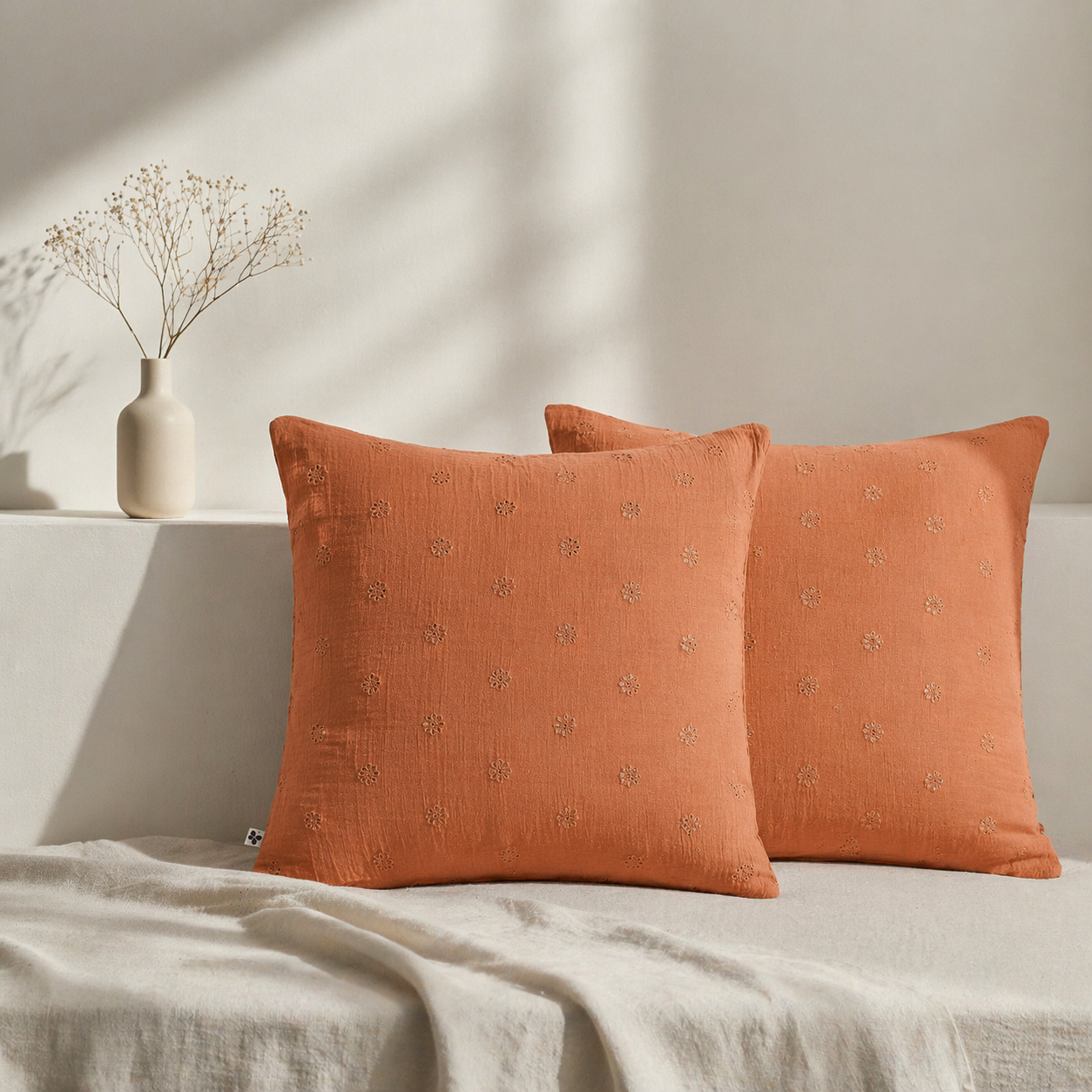 Lot De 2 Taies D'oreiller 60 X 60 Cm - Gaze De Coton Brodée - Gaïa Boho Abricot