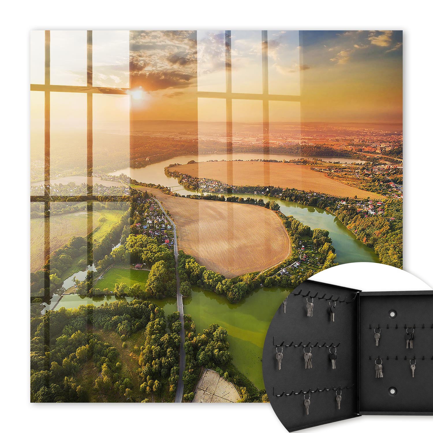 Armoire À Clés - (30 Cm X 30 Cm) - Boîte À Clés Murale - Coffret De Rangement Pour Clés - Couleur Noire - Ouverture Vers La Gauche - Pour Maison Et Bureau - Paysage De La Nature